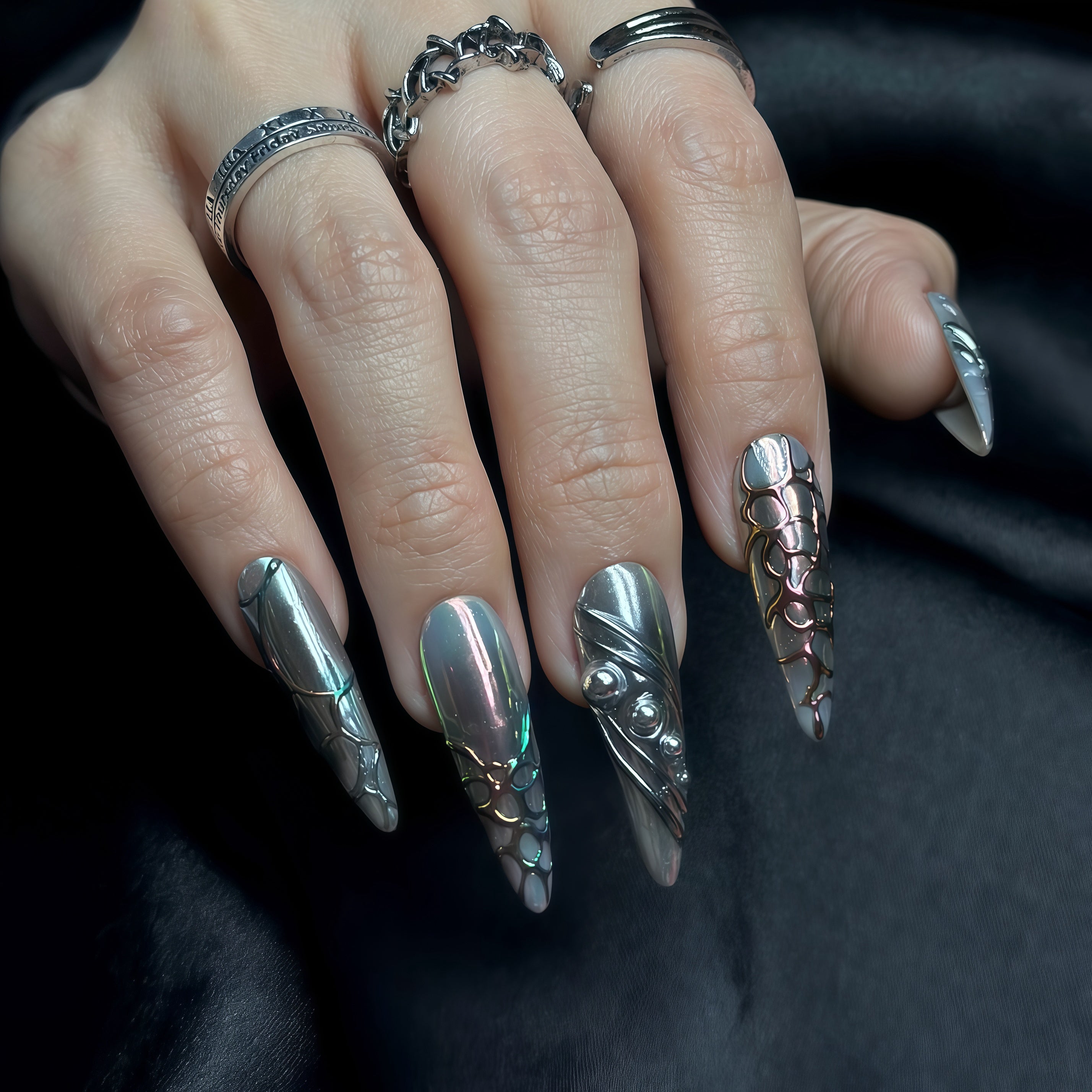 Long Stiletto Press On Nails | Dark Chrome 3D Sculpted Nail Art | Luxury Handmade Reusable Nails |Statement Gothic Nails |Reusable 20pcs Kit