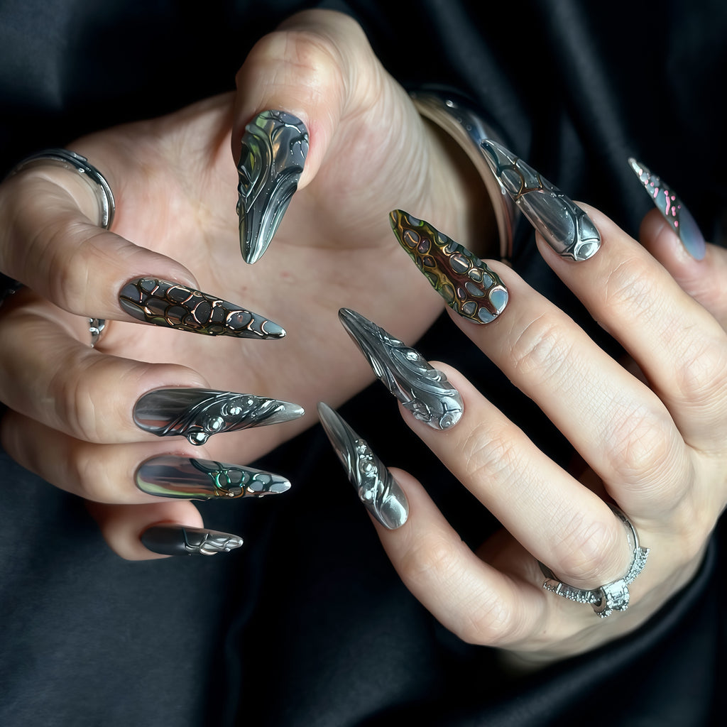 Long Stiletto Press On Nails | Dark Chrome 3D Sculpted Nail Art | Luxury Handmade Reusable Nails |Statement Gothic Nails |Reusable 20pcs Kit