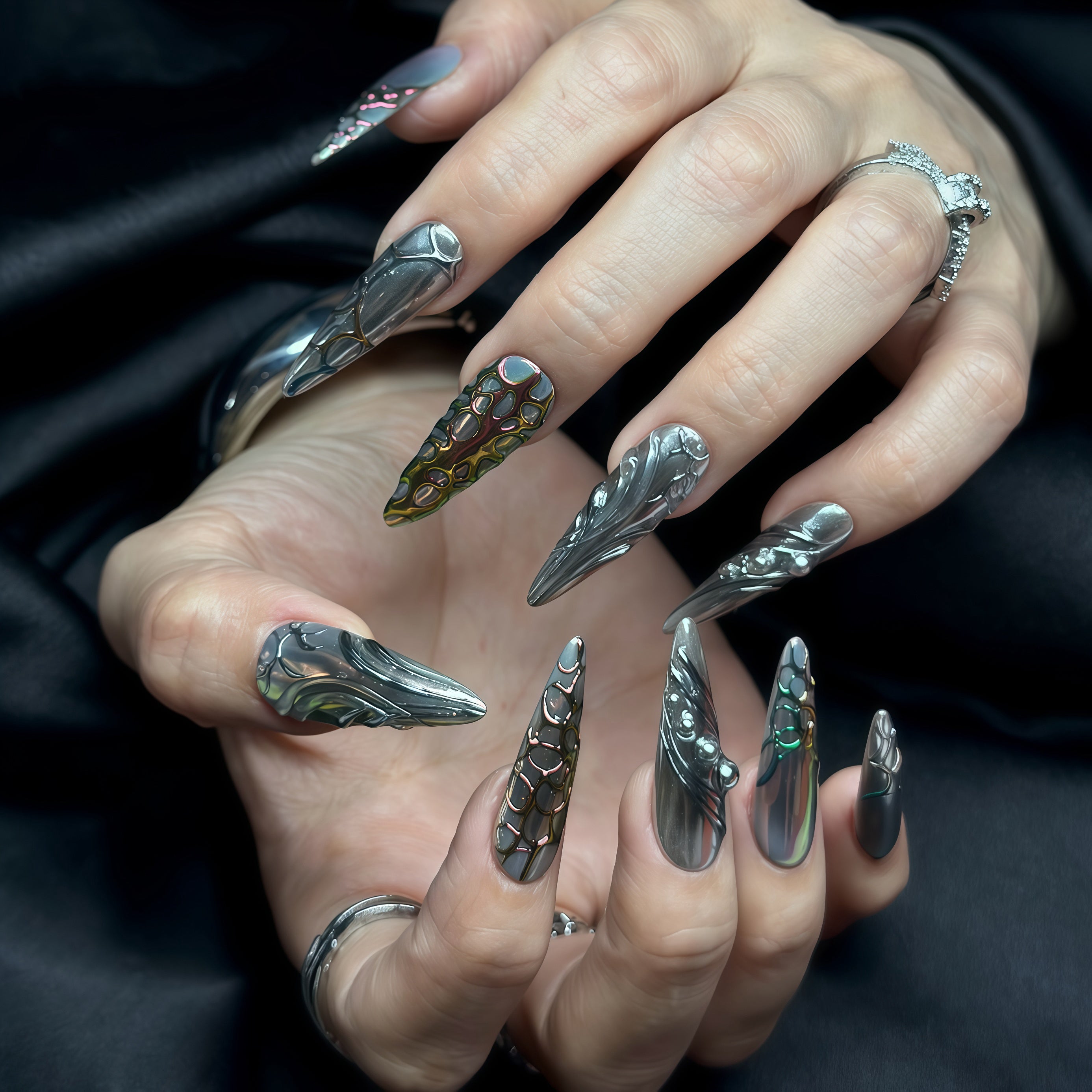 Long Stiletto Press On Nails | Dark Chrome 3D Sculpted Nail Art | Luxury Handmade Reusable Nails |Statement Gothic Nails |Reusable 20pcs Kit