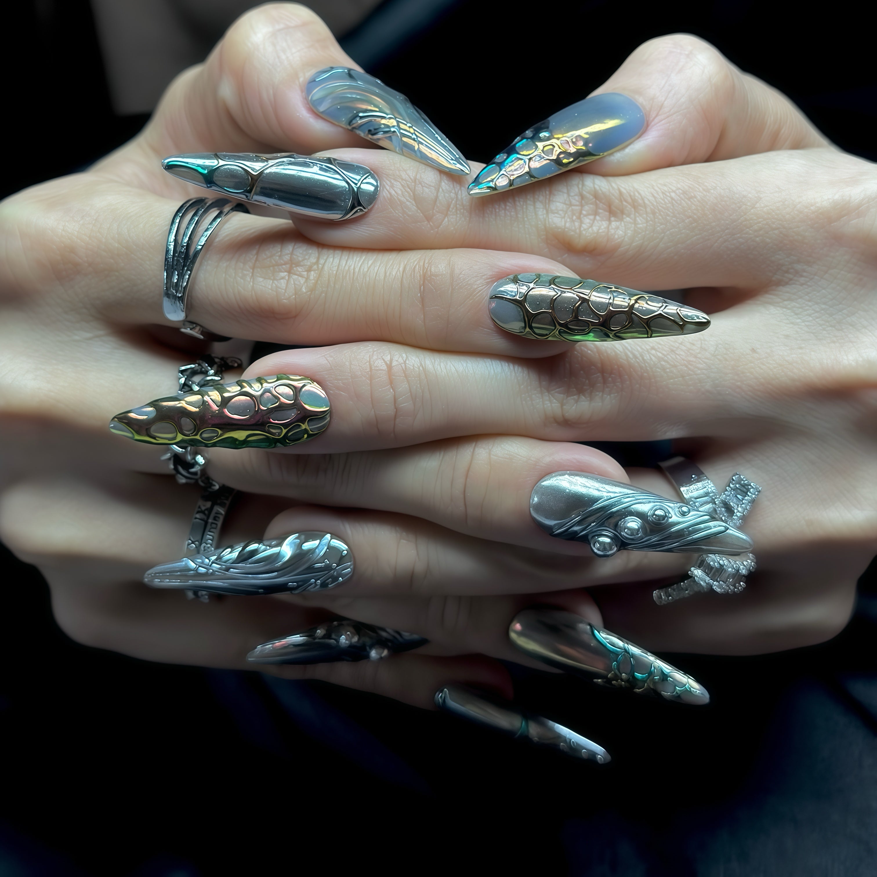 Long Stiletto Press On Nails | Dark Chrome 3D Sculpted Nail Art | Luxury Handmade Reusable Nails |Statement Gothic Nails |Reusable 20pcs Kit