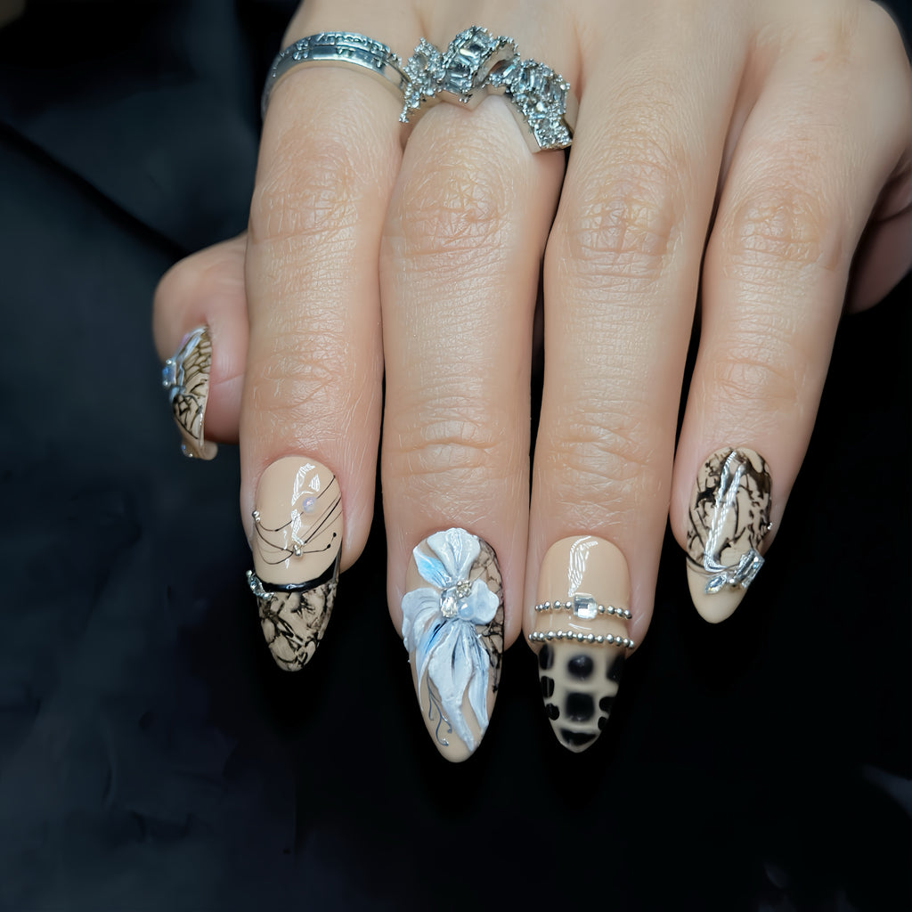 Press On Nails – Medium Almond Black Lace Floral Nail Art, Handmade Luxury Gothic Nails, Reusable Statement Nail Set | Reusable 20pcs Kit