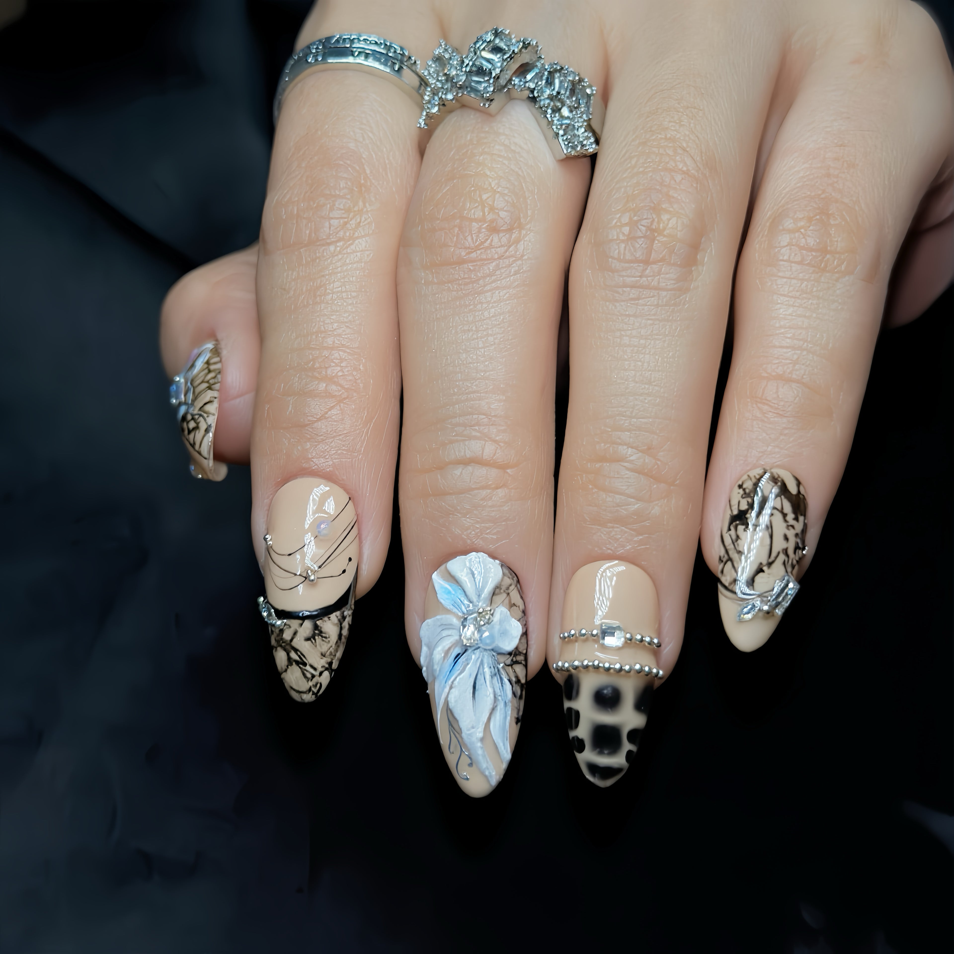 Press On Nails – Medium Almond Black Lace Floral Nail Art, Handmade Luxury Gothic Nails, Reusable Statement Nail Set | Reusable 20pcs Kit