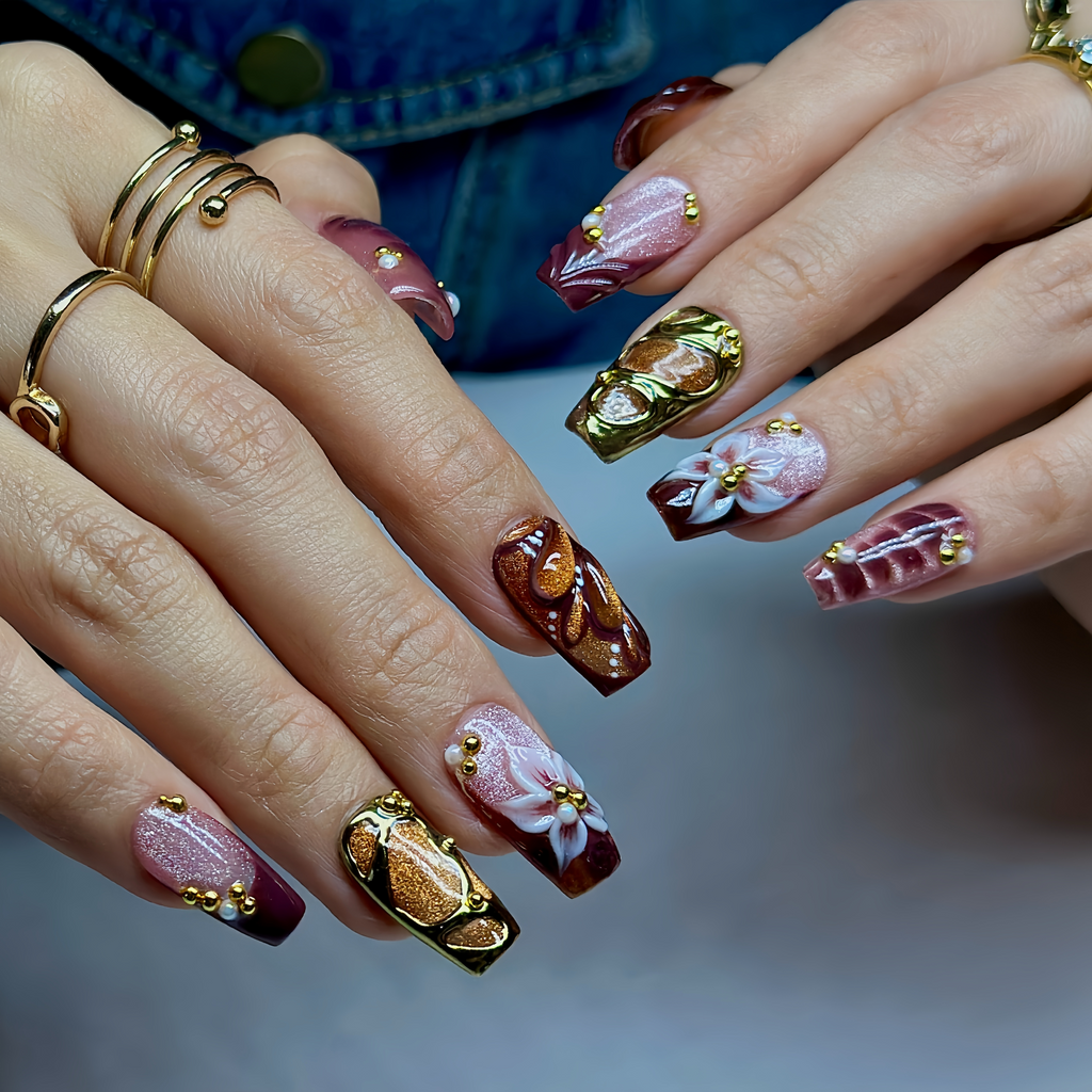 Medium Coffin Press On Nails – Burgundy Gold Floral 3D Nail Art, Luxury Handmade Nails | Chrome | Flower & Glam nails | Reusable 20pcs Kit