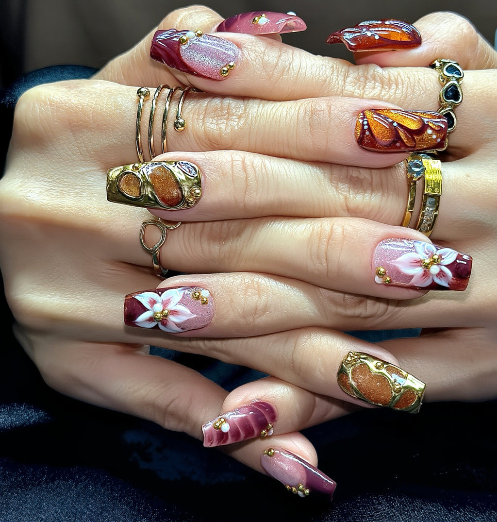 Medium Coffin Press On Nails – Burgundy Gold Floral 3D Nail Art, Luxury Handmade Nails | Chrome | Flower & Glam nails | Reusable 20pcs Kit