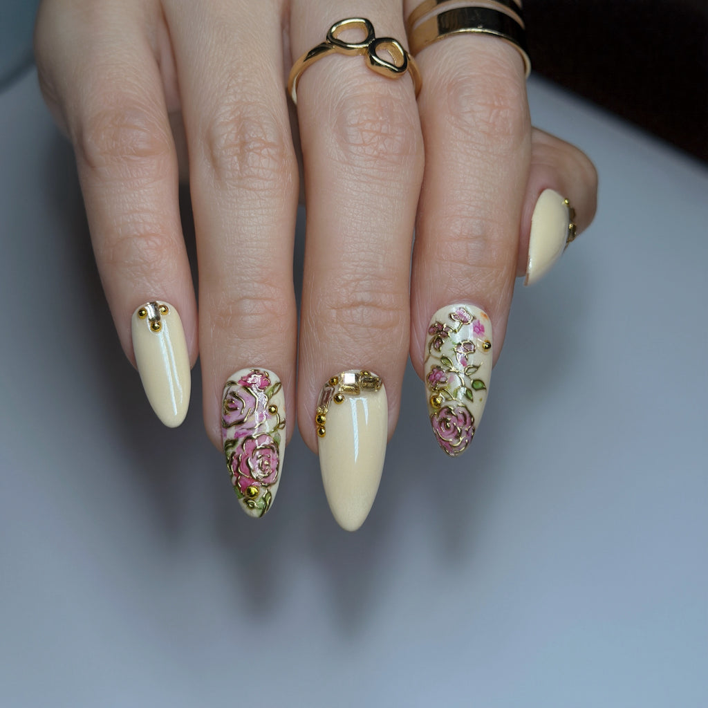 Champagne Gold Press On Nails | Medium Almond Floral 3D Nail Art, Elegant Handmade Reusable Nails | Reusable 20pcs Kit