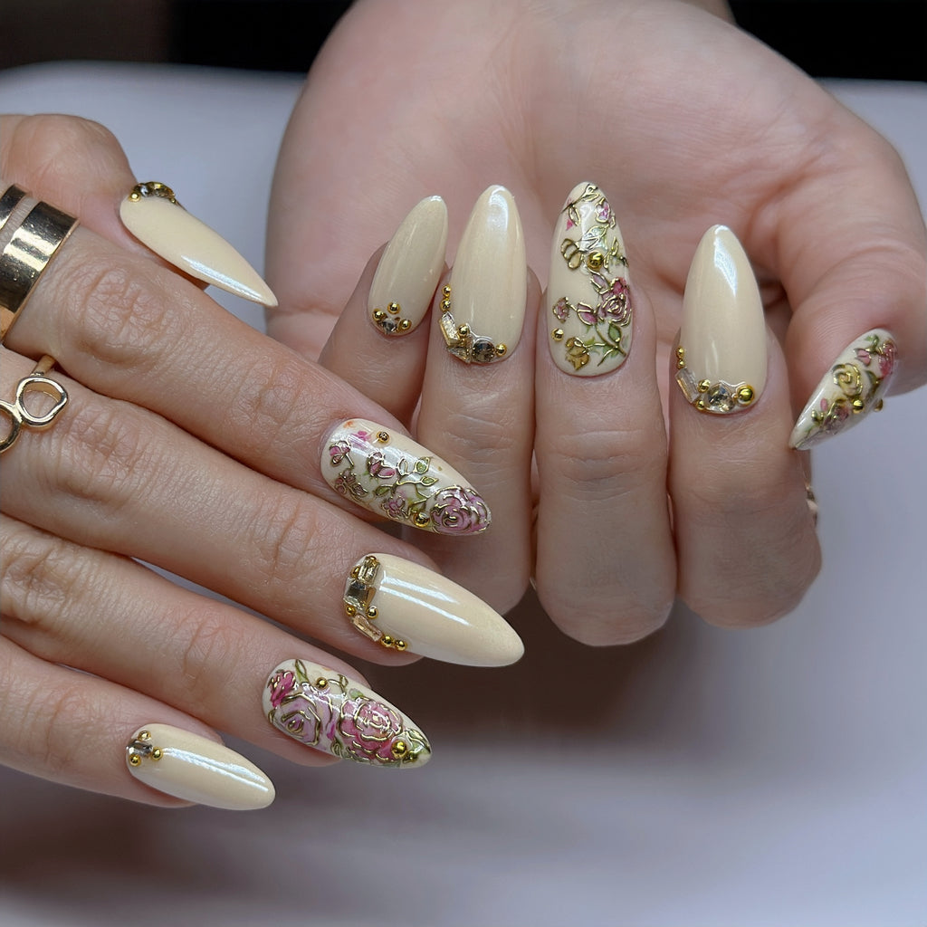 Champagne Gold Press On Nails | Medium Almond Floral 3D Nail Art, Elegant Handmade Reusable Nails | Reusable 20pcs Kit