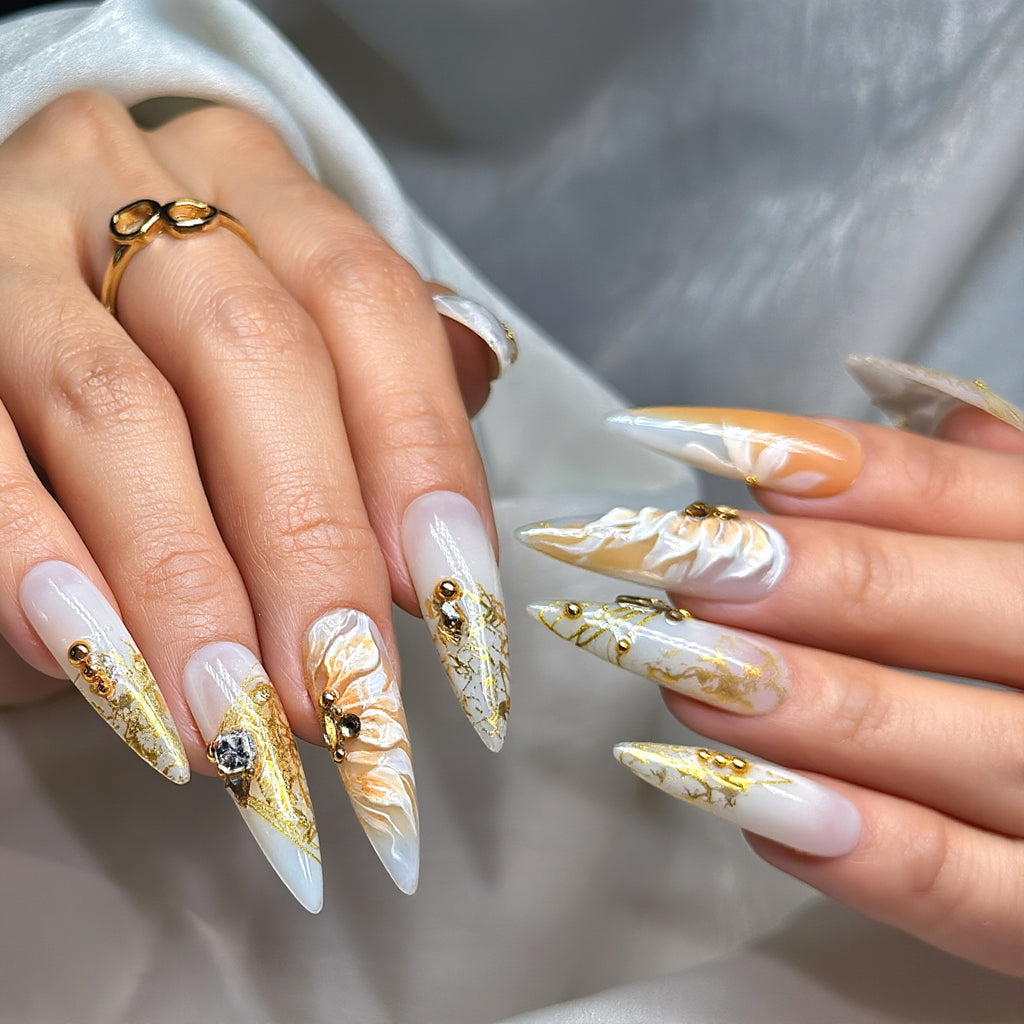 Long Stiletto Press On Nails | Luxury Ivory & Gold 3D Floral Nail Art | Handmade Bridal Press On Nails | Elegant nails | Reusable 20pcs Kit