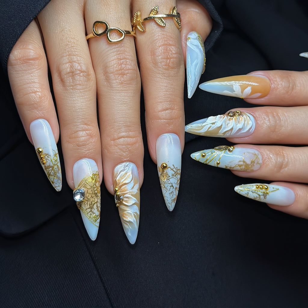 Long Stiletto Press On Nails | Luxury Ivory & Gold 3D Floral Nail Art | Handmade Bridal Press On Nails | Elegant nails | Reusable 20pcs Kit