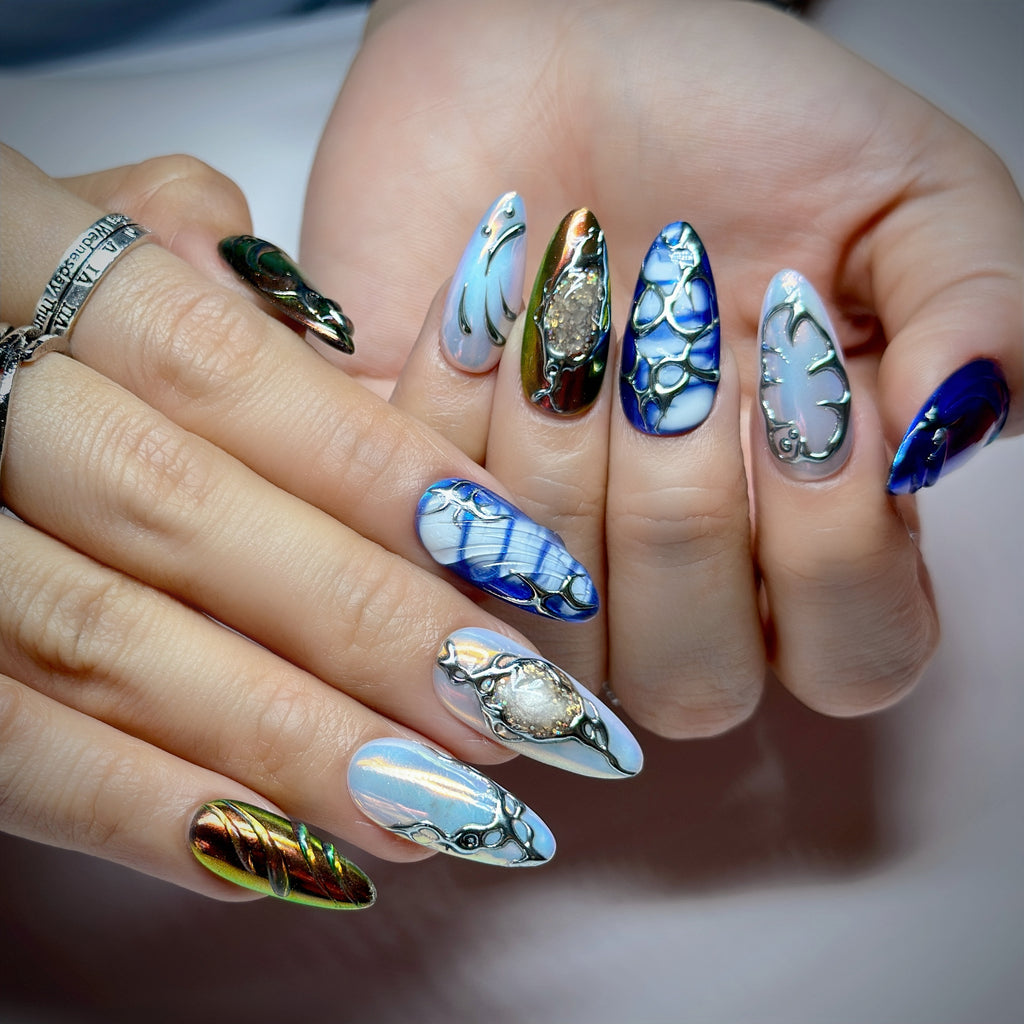 Handmade Luxury Press On Nails | Medium Almond Galaxy Blue Silver Nail Art | Nebula Chrome | Cosmic & Abstract nails | Reusable 20pcs Kit