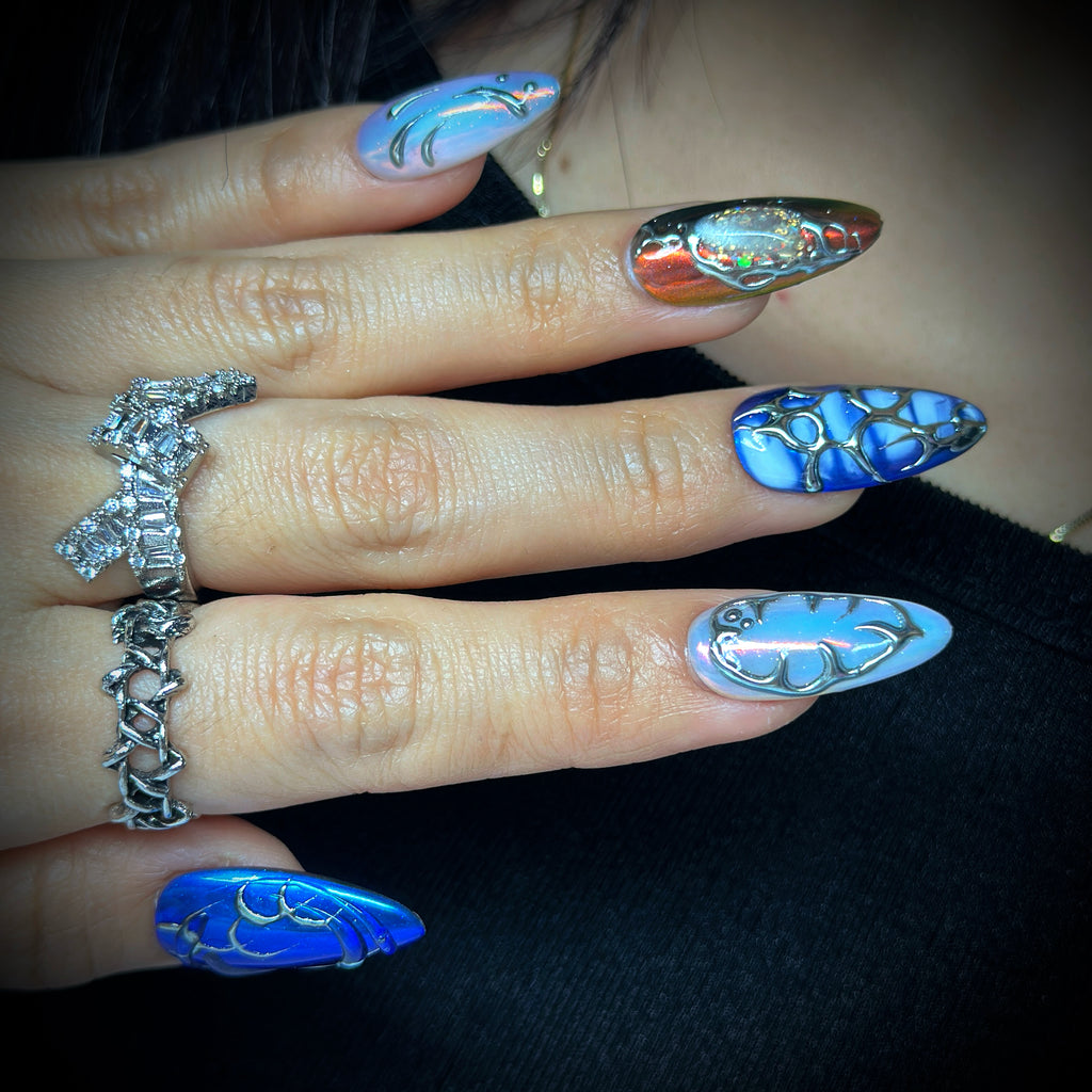 Handmade Luxury Press On Nails | Medium Almond Galaxy Blue Silver Nail Art | Nebula Chrome | Cosmic & Abstract nails | Reusable 20pcs Kit