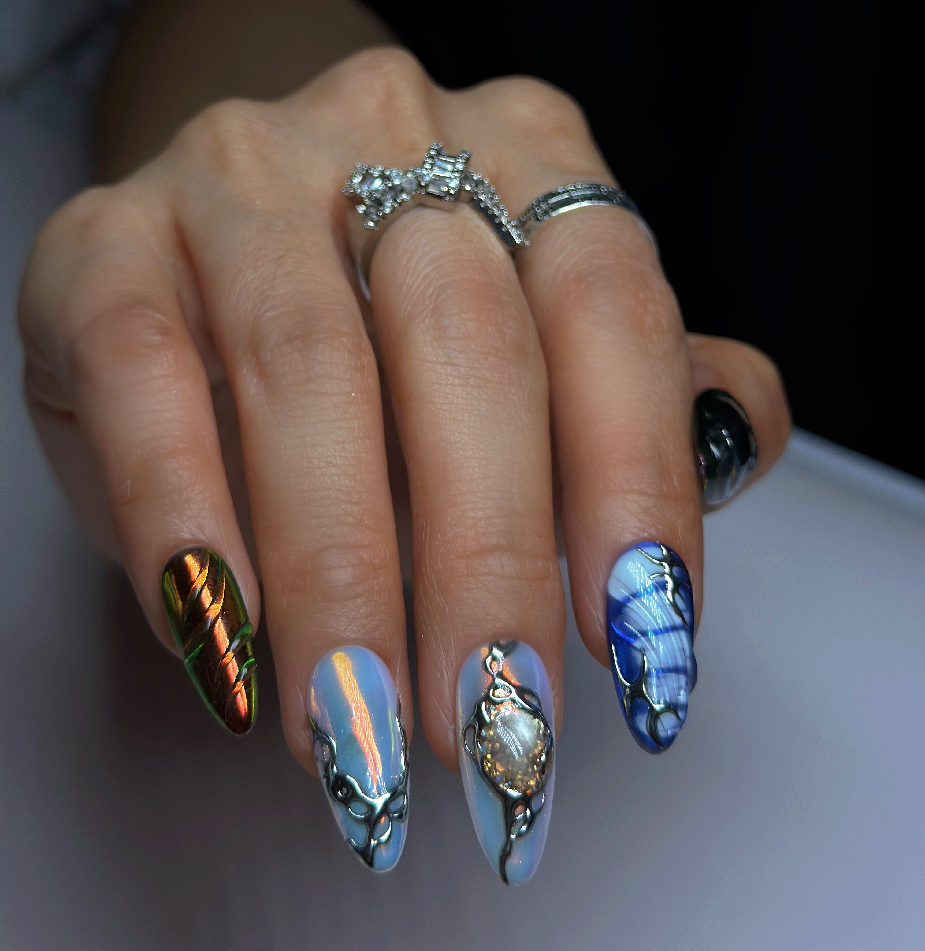 Handmade Luxury Press On Nails | Medium Almond Galaxy Blue Silver Nail Art | Nebula Chrome | Cosmic & Abstract nails | Reusable 20pcs Kit
