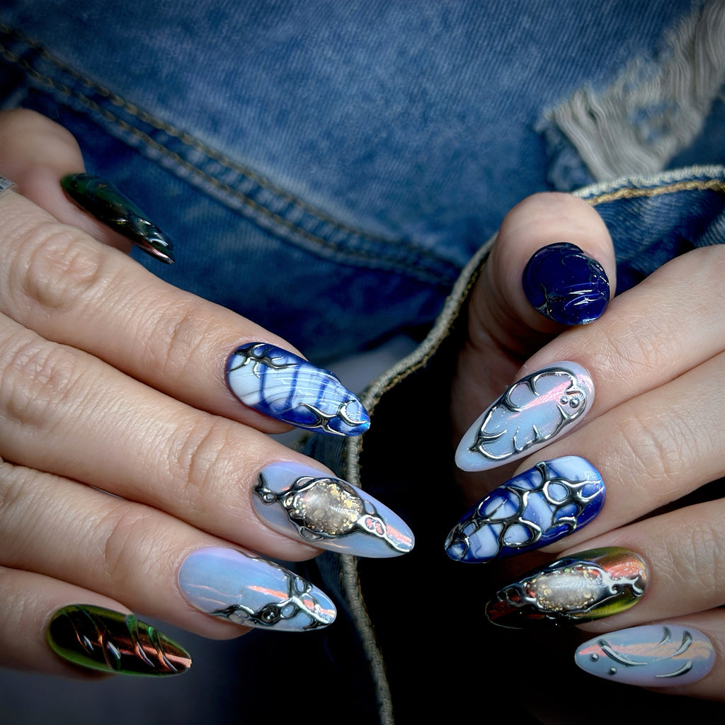 Handmade Luxury Press On Nails | Medium Almond Galaxy Blue Silver Nail Art | Nebula Chrome | Cosmic & Abstract nails | Reusable 20pcs Kit