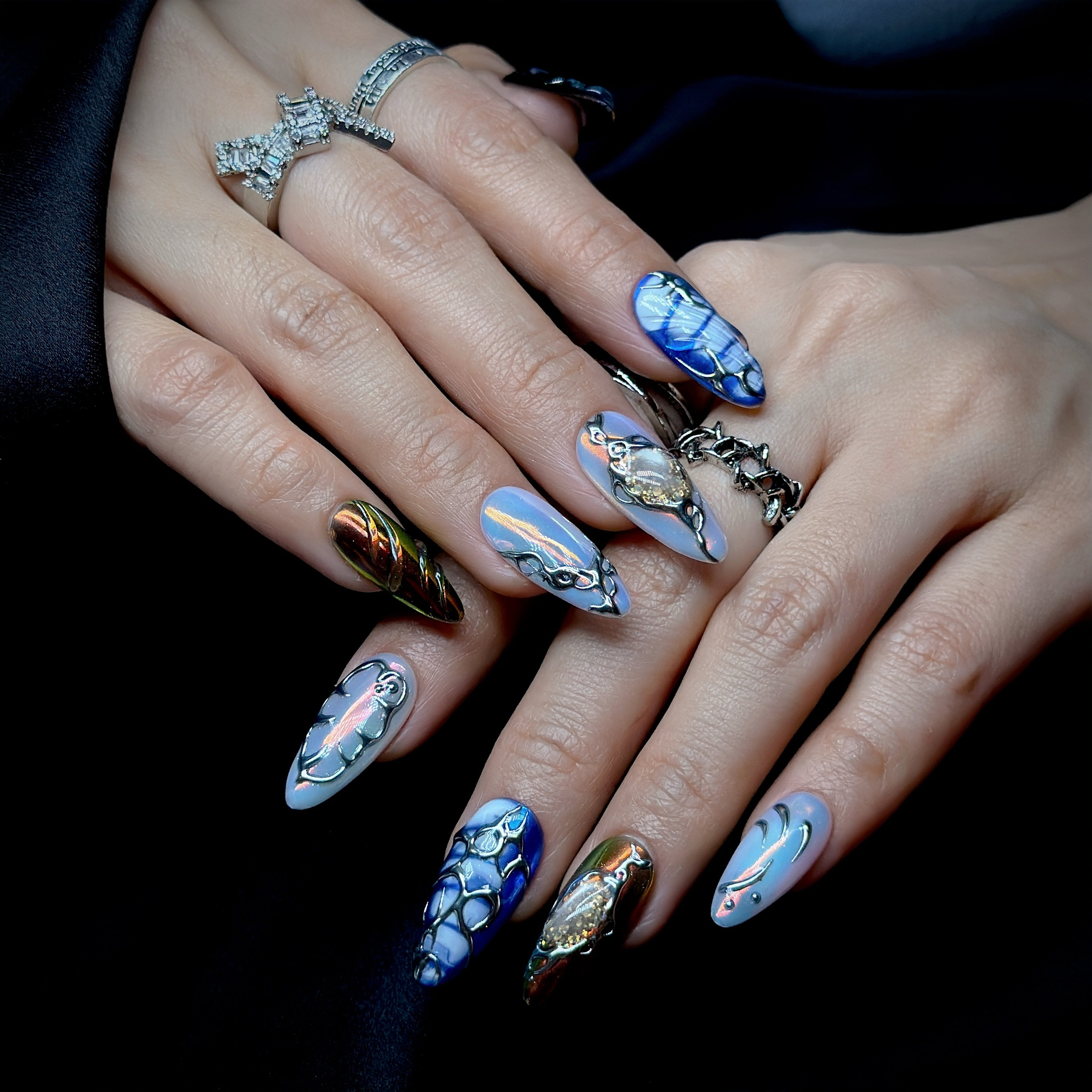 Handmade Luxury Press On Nails | Medium Almond Galaxy Blue Silver Nail Art | Nebula Chrome | Cosmic & Abstract nails | Reusable 20pcs Kit