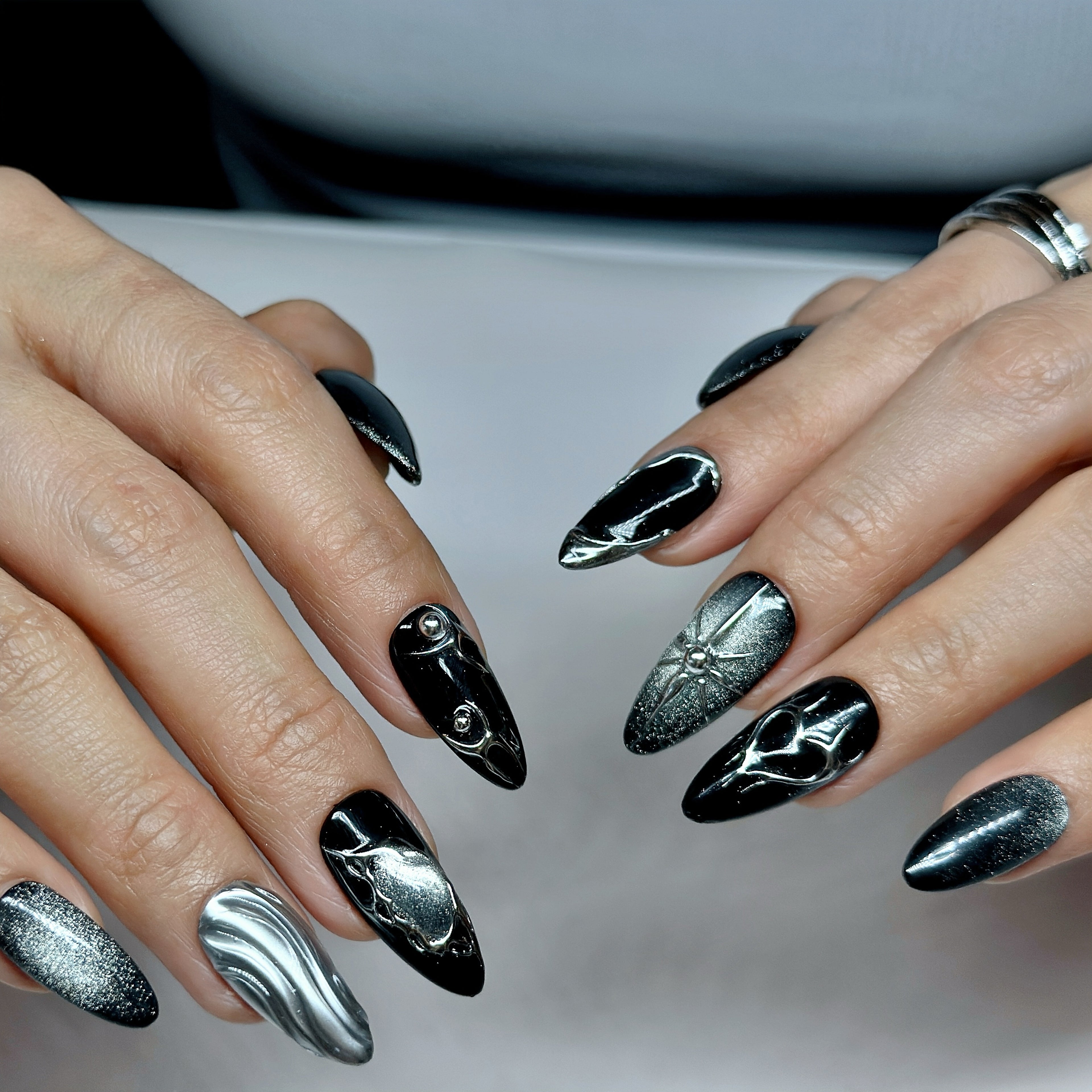 Black Stardust Press-On Nails – Short Almond | Glossy Black, Chrome Swirl & Galaxy Glitter| Hand-Painted Gel Reusable Set, 30 Nails, 15 Sizes