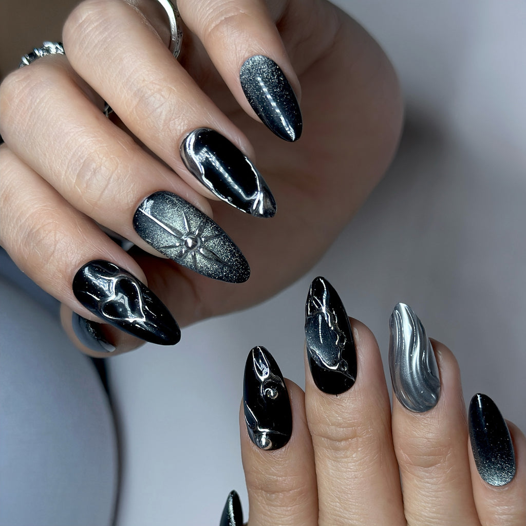 Black Stardust Press-On Nails – Short Almond | Glossy Black, Chrome Swirl & Galaxy Glitter| Hand-Painted Gel Reusable Set, 30 Nails, 15 Sizes