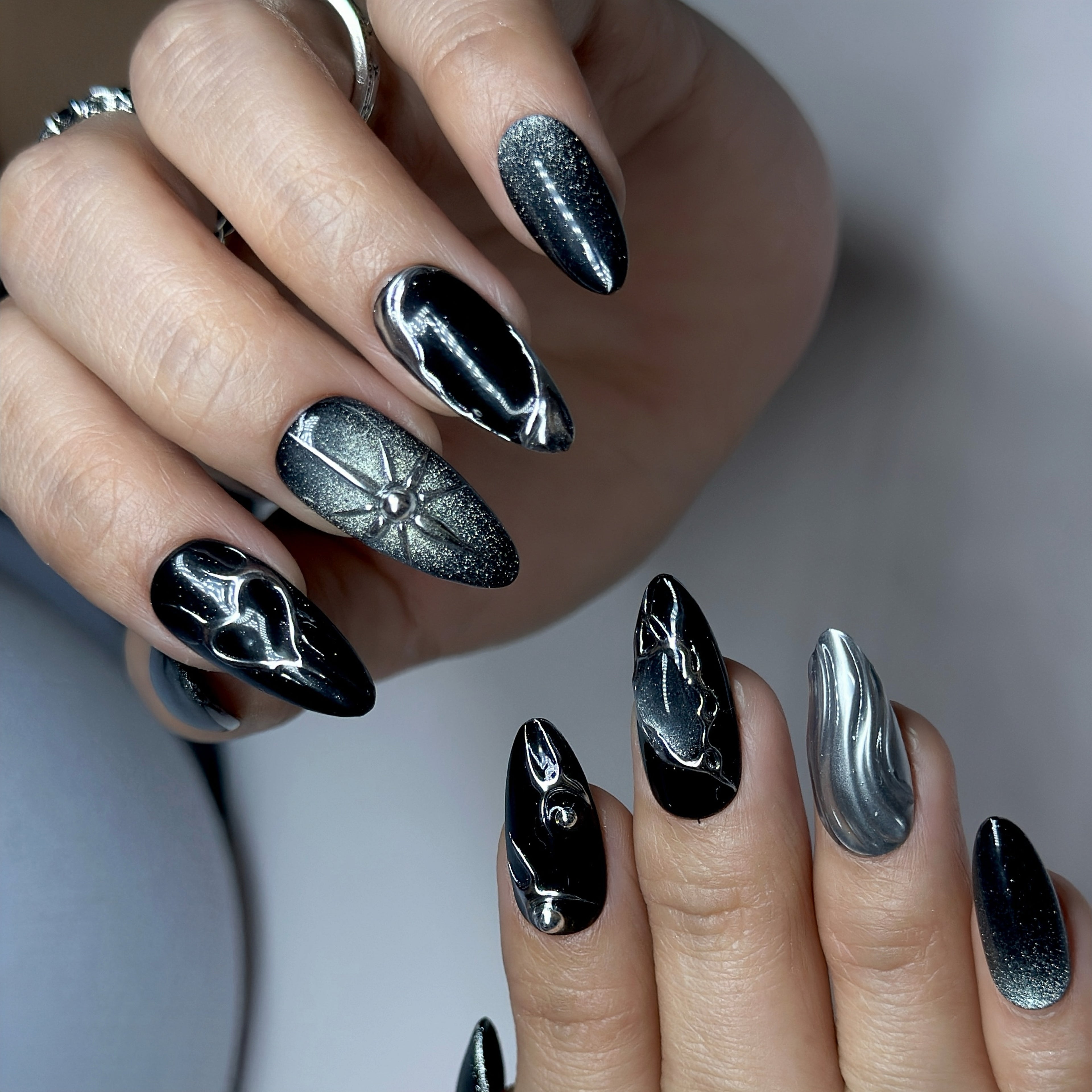 Black Stardust Press-On Nails – Short Almond | Glossy Black, Chrome Swirl & Galaxy Glitter| Hand-Painted Gel Reusable Set, 30 Nails, 15 Sizes