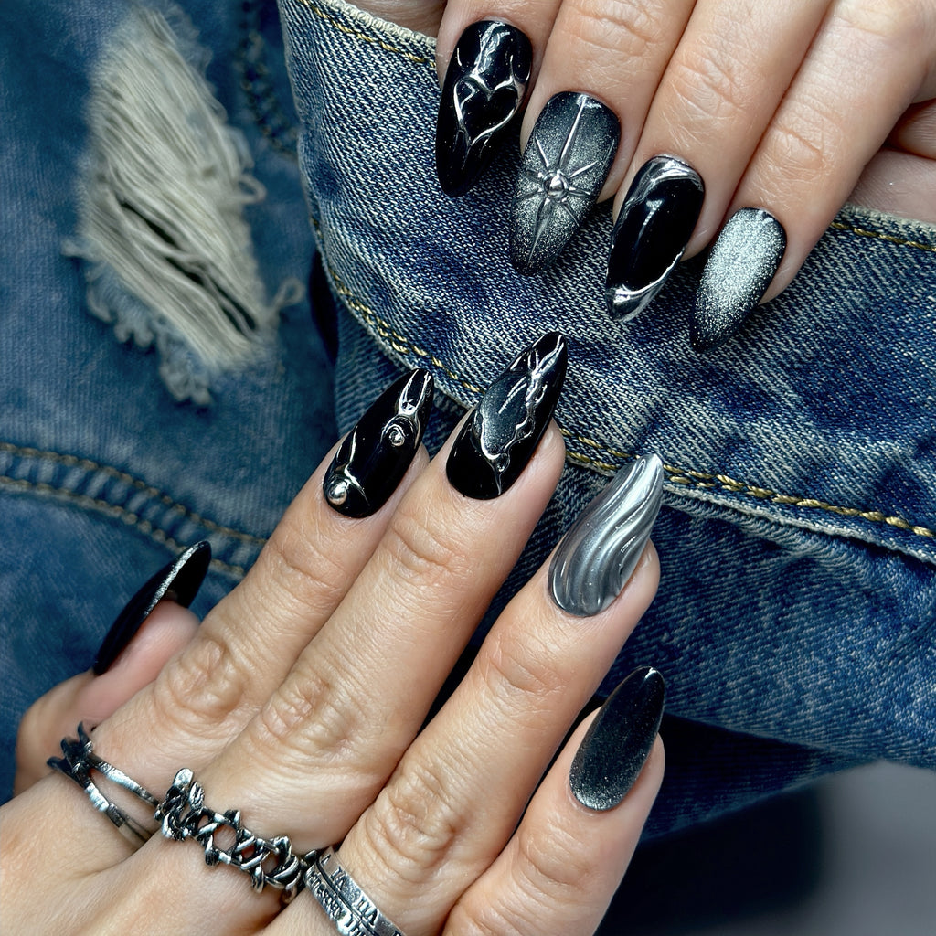 Black Stardust Press-On Nails – Short Almond | Glossy Black, Chrome Swirl & Galaxy Glitter| Hand-Painted Gel Reusable Set, 30 Nails, 15 Sizes
