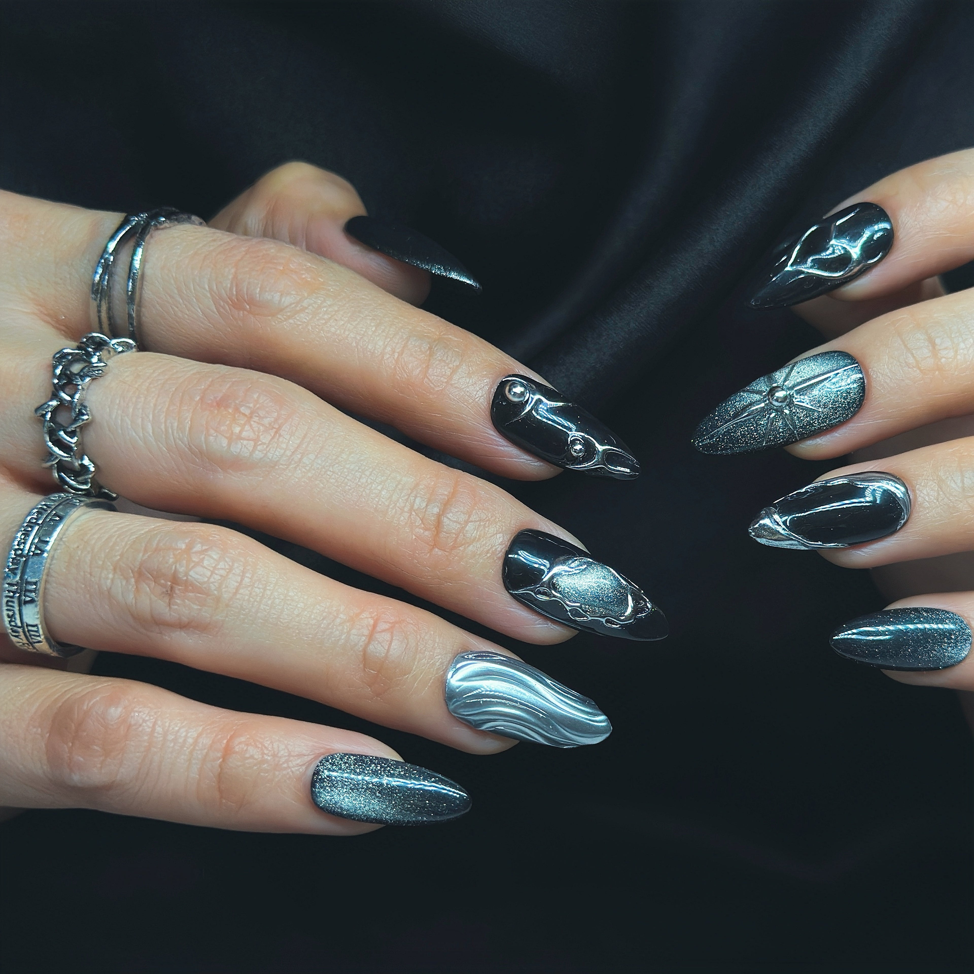 Black Stardust Press-On Nails – Short Almond | Glossy Black, Chrome Swirl & Galaxy Glitter| Hand-Painted Gel Reusable Set, 30 Nails, 15 Sizes