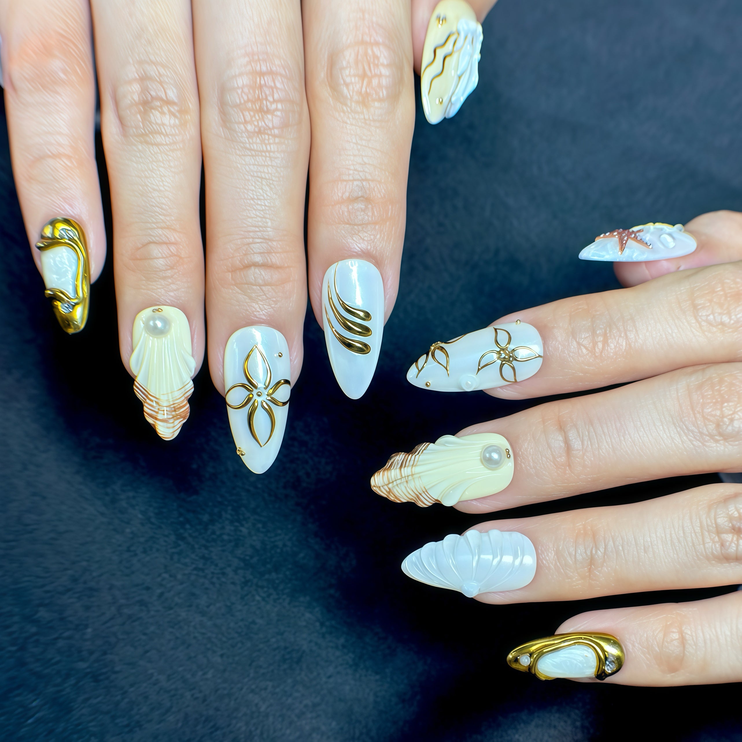 Hand-Painted Luxury GOLDEN REEF-Ocean Vibes Press On Nails | 3D Seashell | Medium Almond  | Reusable 20pcs Kit