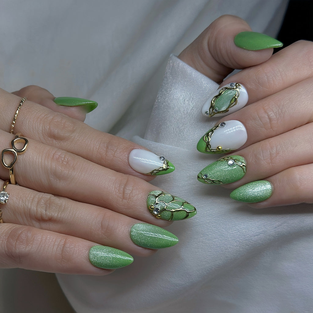 Jade Bloom Press-On Nails – Short Almond | Green Chrome, White French & Gold Foil Accent | Hand-Painted Gel Reusable Set, 30 Nails, 15 Sizes