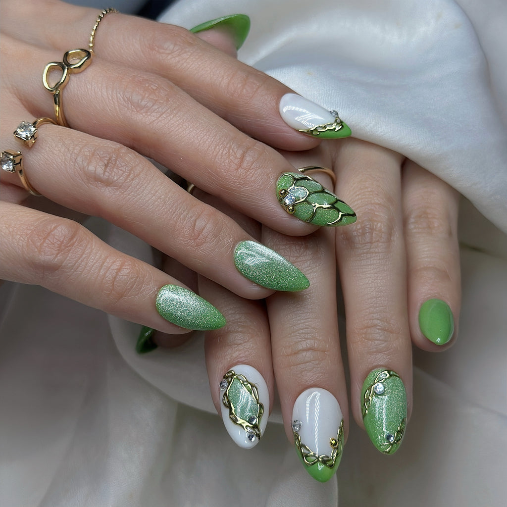 Jade Bloom Press-On Nails – Short Almond | Green Chrome, White French & Gold Foil Accent | Hand-Painted Gel Reusable Set, 30 Nails, 15 Sizes