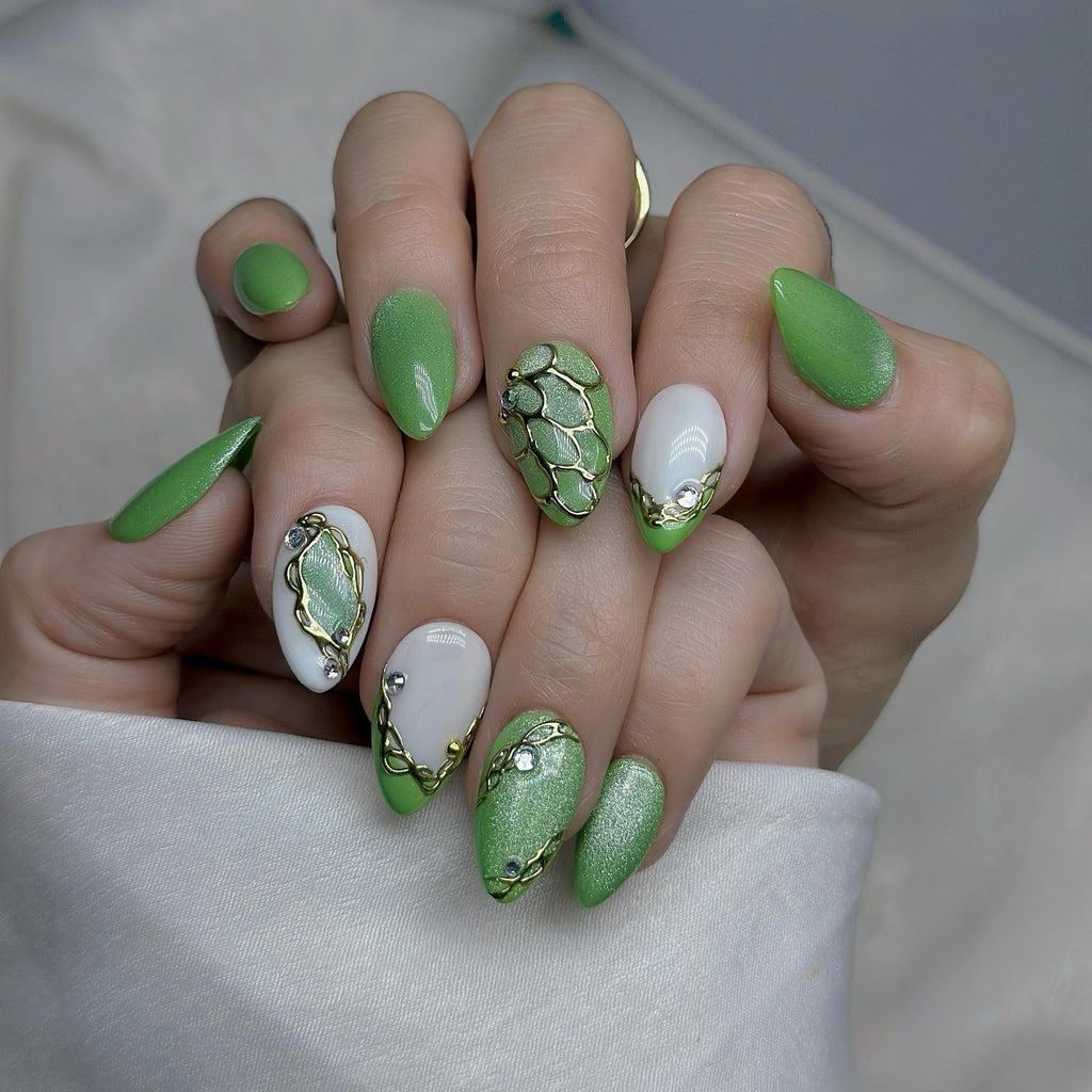 Jade Bloom Press-On Nails – Short Almond | Green Chrome, White French & Gold Foil Accent | Hand-Painted Gel Reusable Set, 30 Nails, 15 Sizes