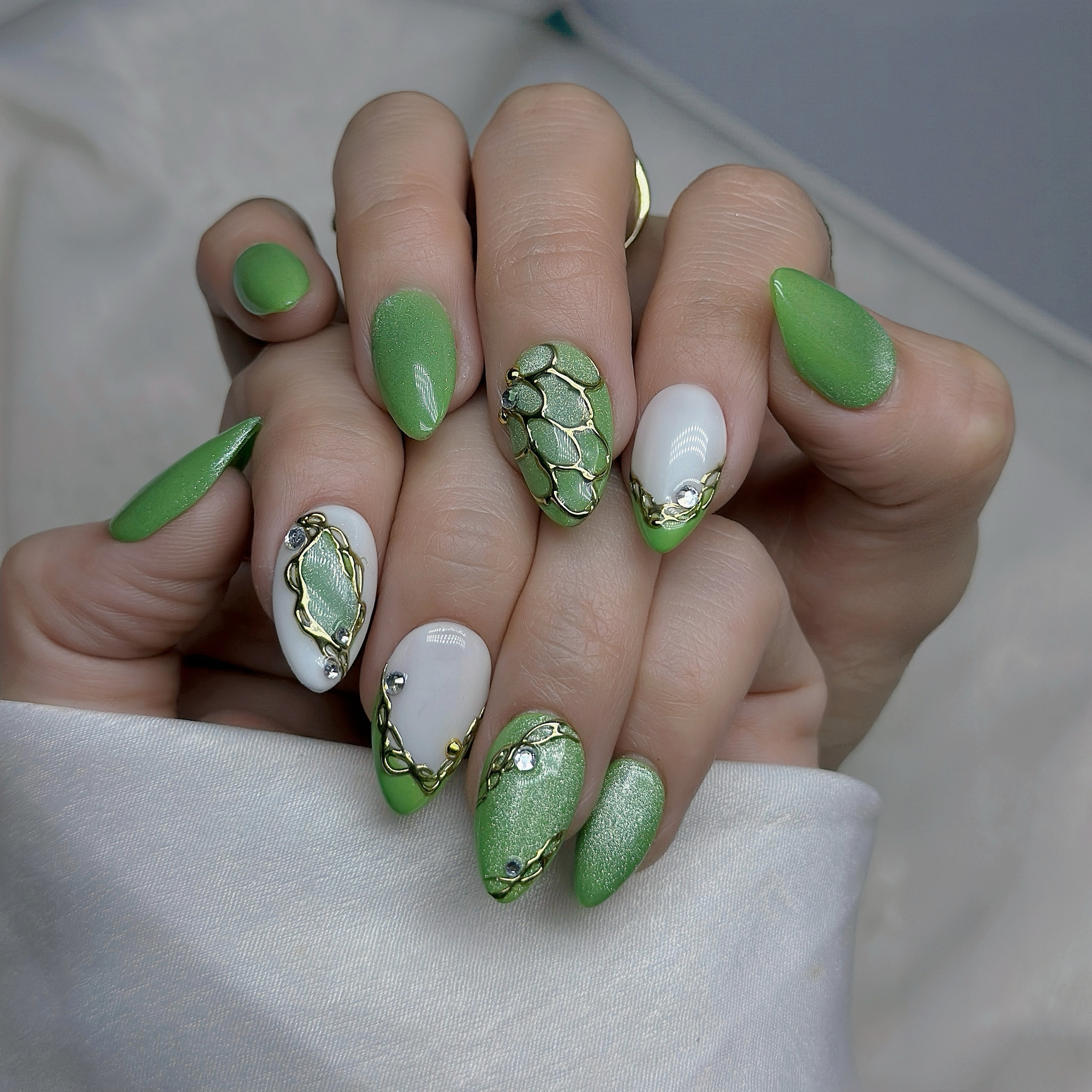 Jade Bloom Press-On Nails – Short Almond | Green Chrome, White French & Gold Foil Accent | Hand-Painted Gel Reusable Set, 30 Nails, 15 Sizes