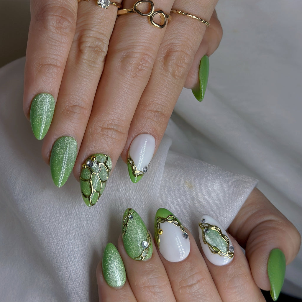 Jade Bloom Press-On Nails – Short Almond | Green Chrome, White French & Gold Foil Accent | Hand-Painted Gel Reusable Set, 30 Nails, 15 Sizes