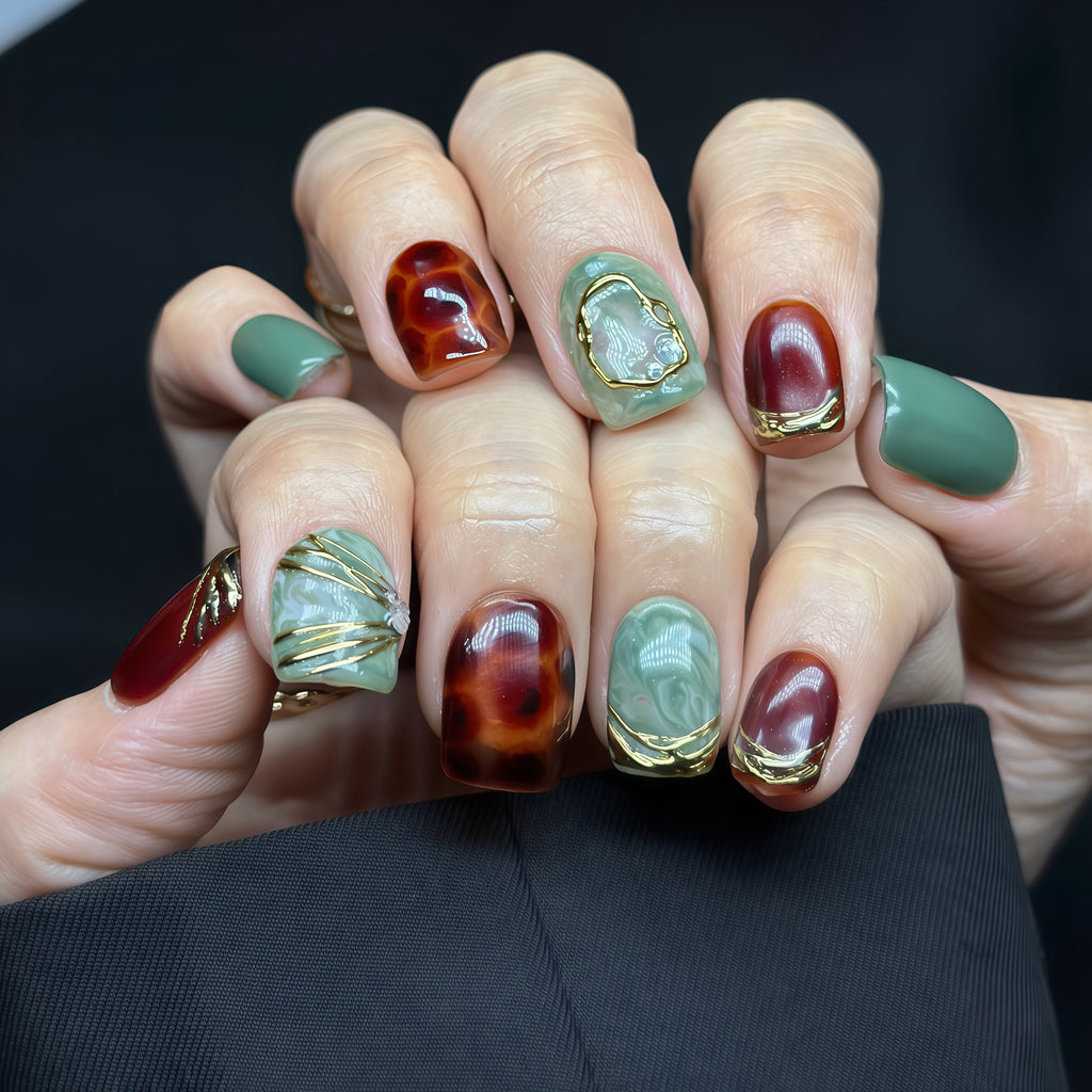 Verdant Relic Press-On Nails – Short Square | Green Marble, Tortoiseshell & Gold Accent | Hand-Painted Gel Reusable Set, 30 Nails, 15 Sizes