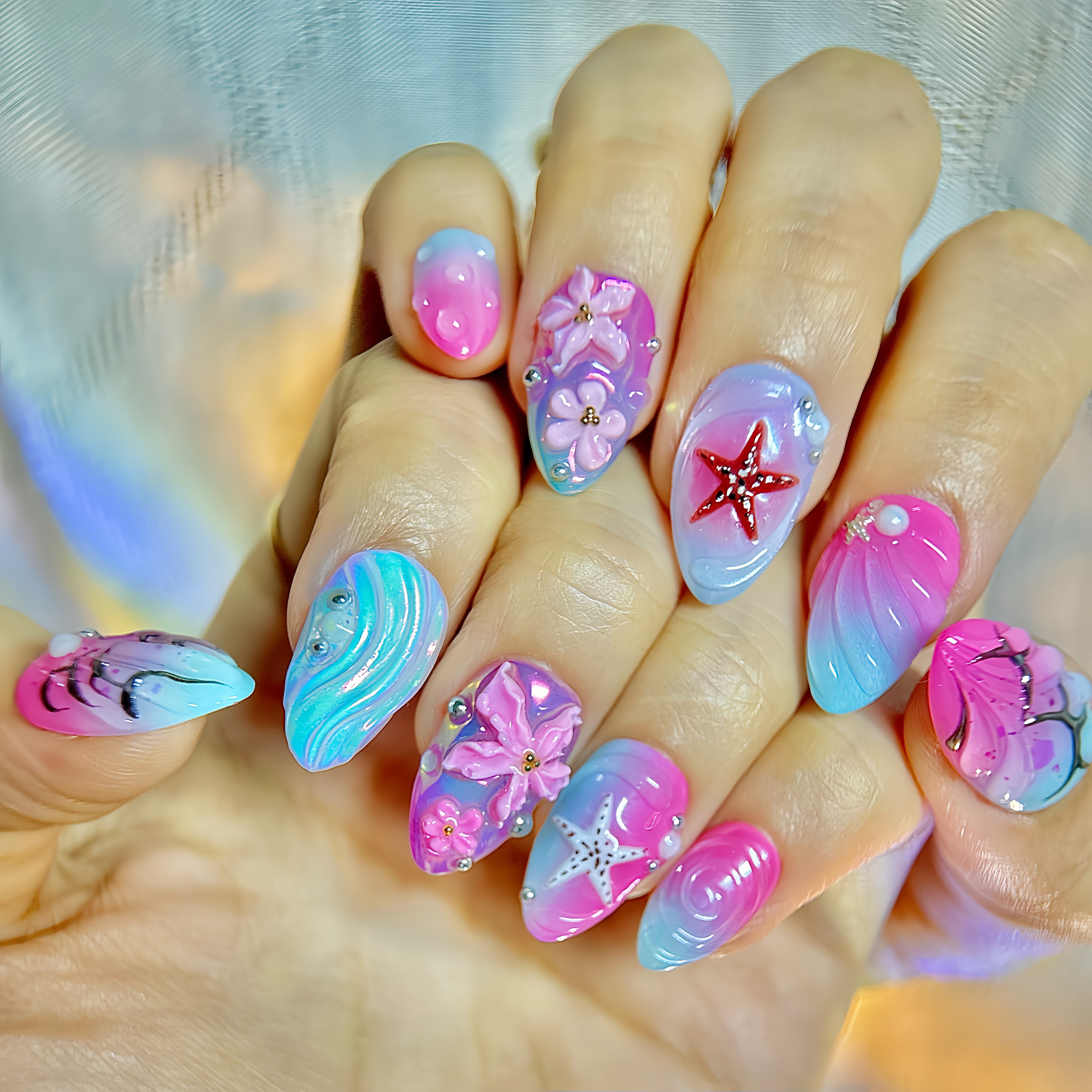 Short Almond Ocean Luxe Press-On Nails | Blue, Pink 3D Sea, Starfish, Floral Design | Hand-Painted, Reusable 20pcs Kit