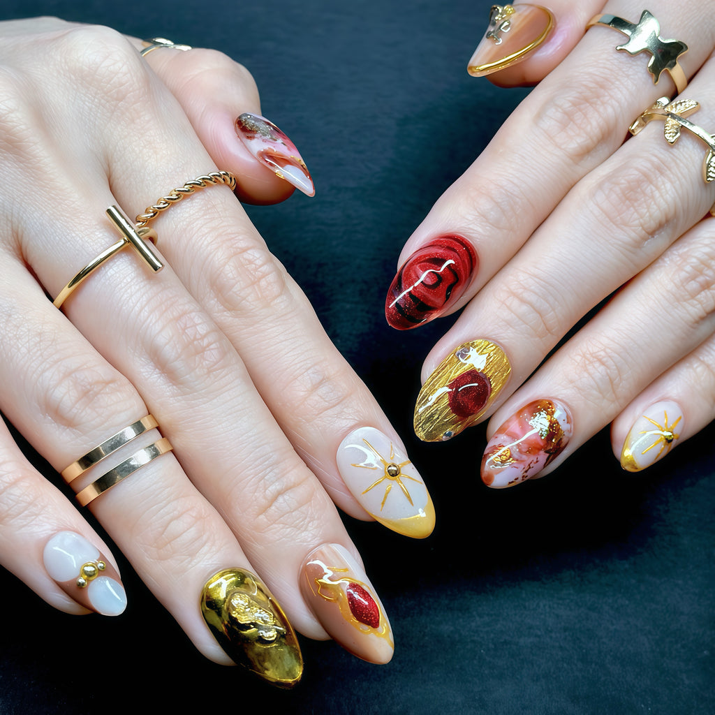 Short Almond Hand-Painted Press-On Nails | Ruby Red with Gold Chrome 3D Nail Art | Reusable 20pcs Kit