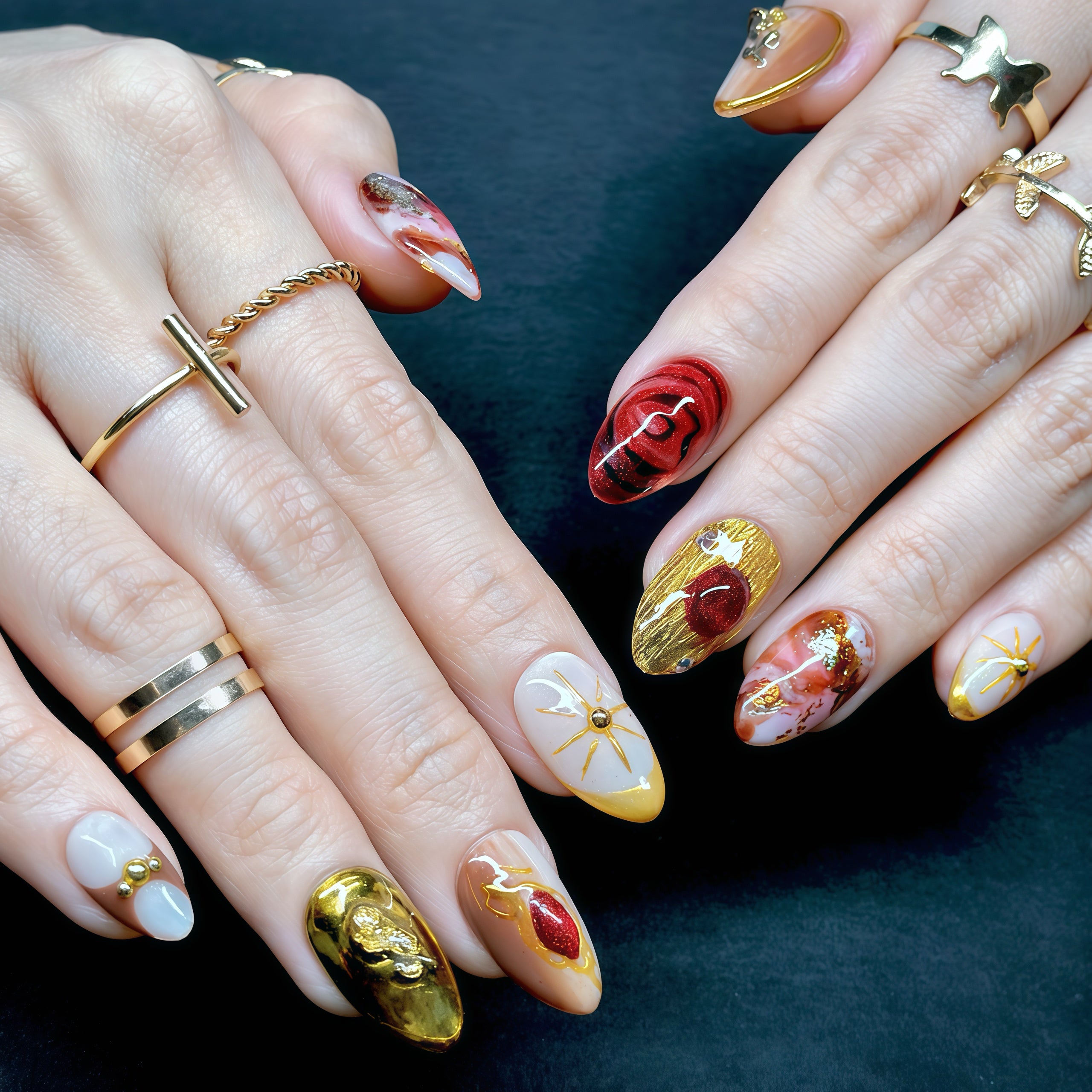 Short Almond Hand-Painted Press-On Nails | Ruby Red with Gold Chrome 3D Nail Art | Reusable 20pcs Kit