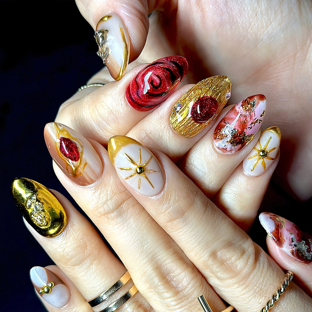 Short Almond Hand-Painted Press-On Nails | Ruby Red with Gold Chrome 3D Nail Art | Reusable 20pcs Kit
