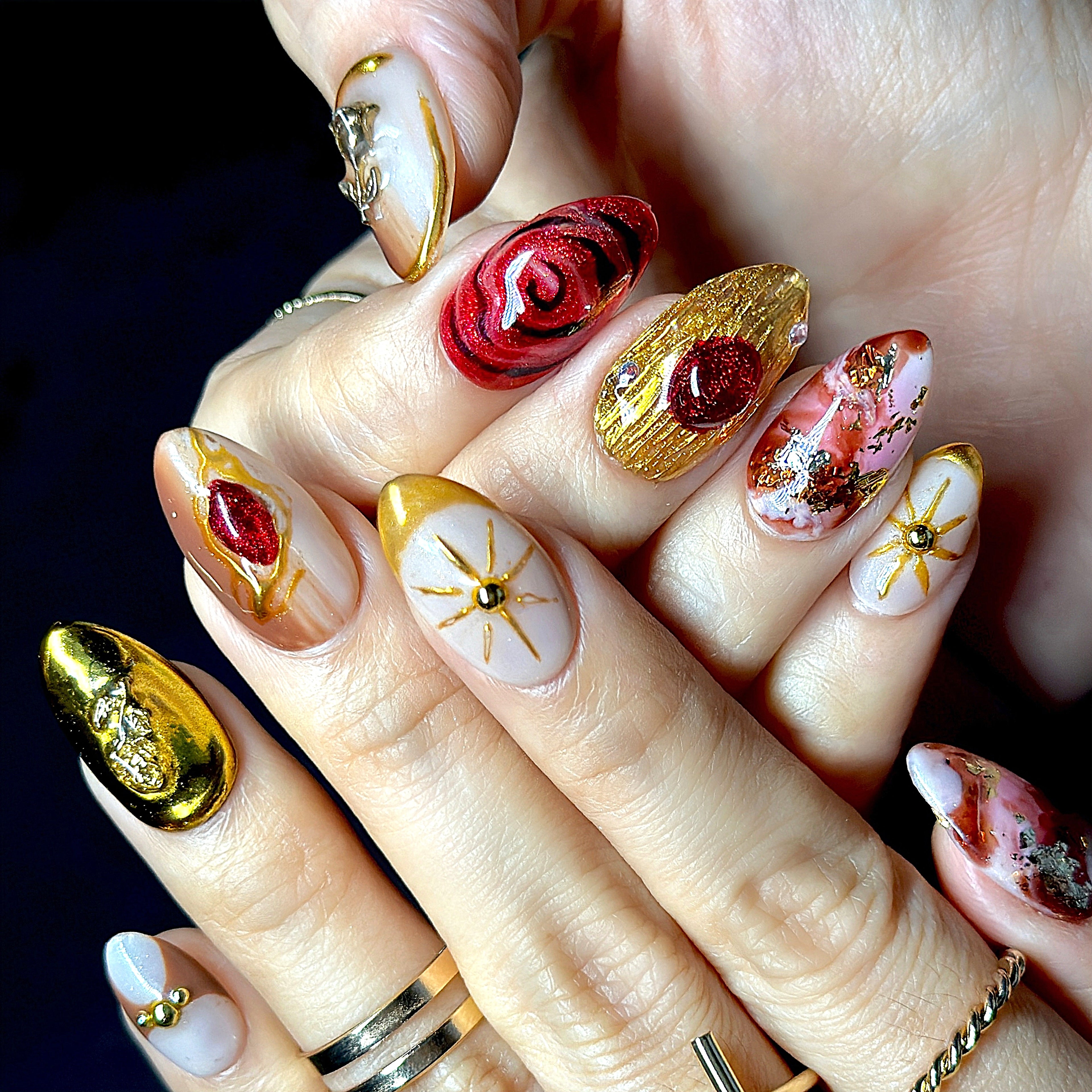 Short Almond Hand-Painted Press-On Nails | Ruby Red with Gold Chrome 3D Nail Art | Reusable 20pcs Kit
