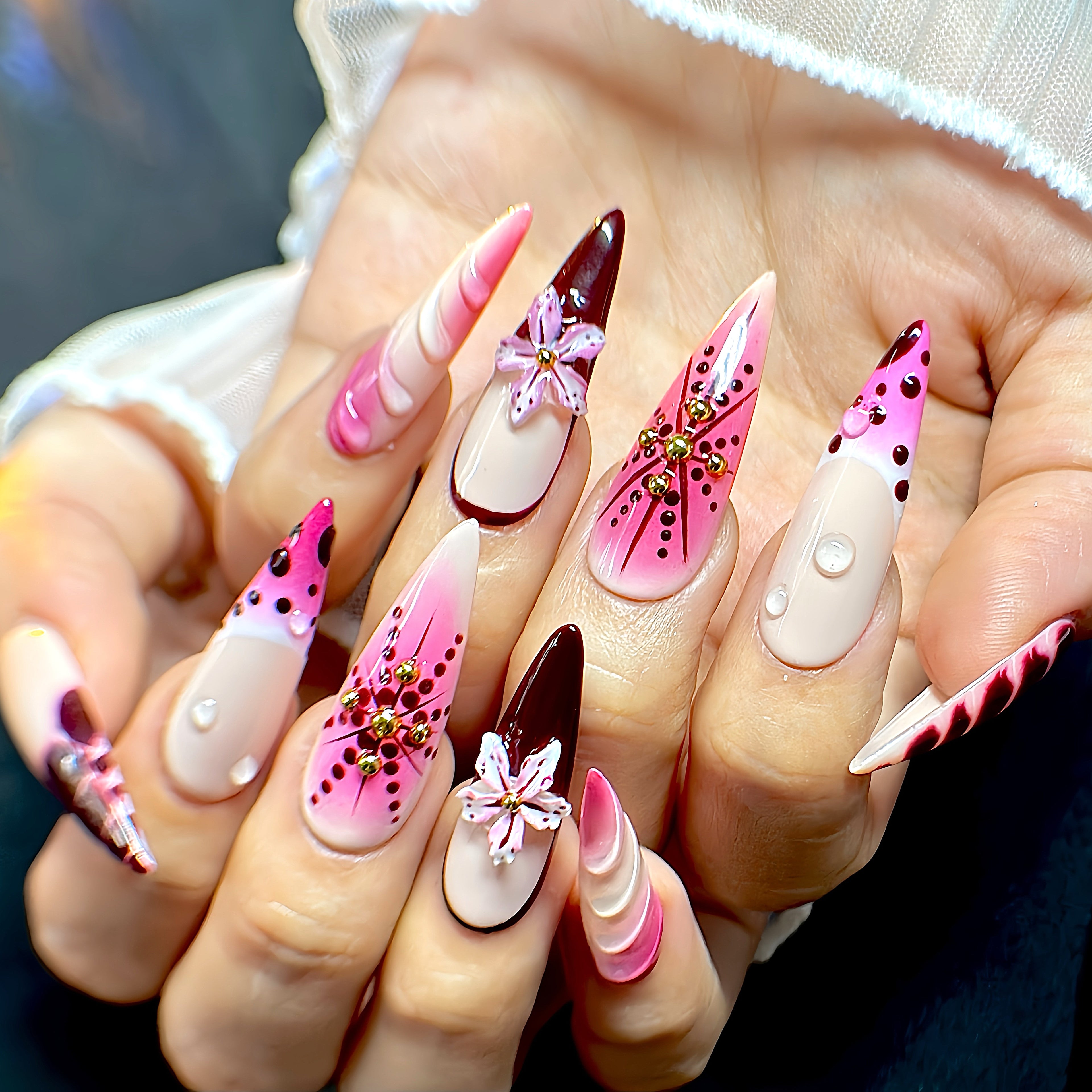 Long Stiletto Hand-Painted Press-On Nails | Luxury Wine Red Ombre with 3D Floral Design | Reusable 20pcs Kit