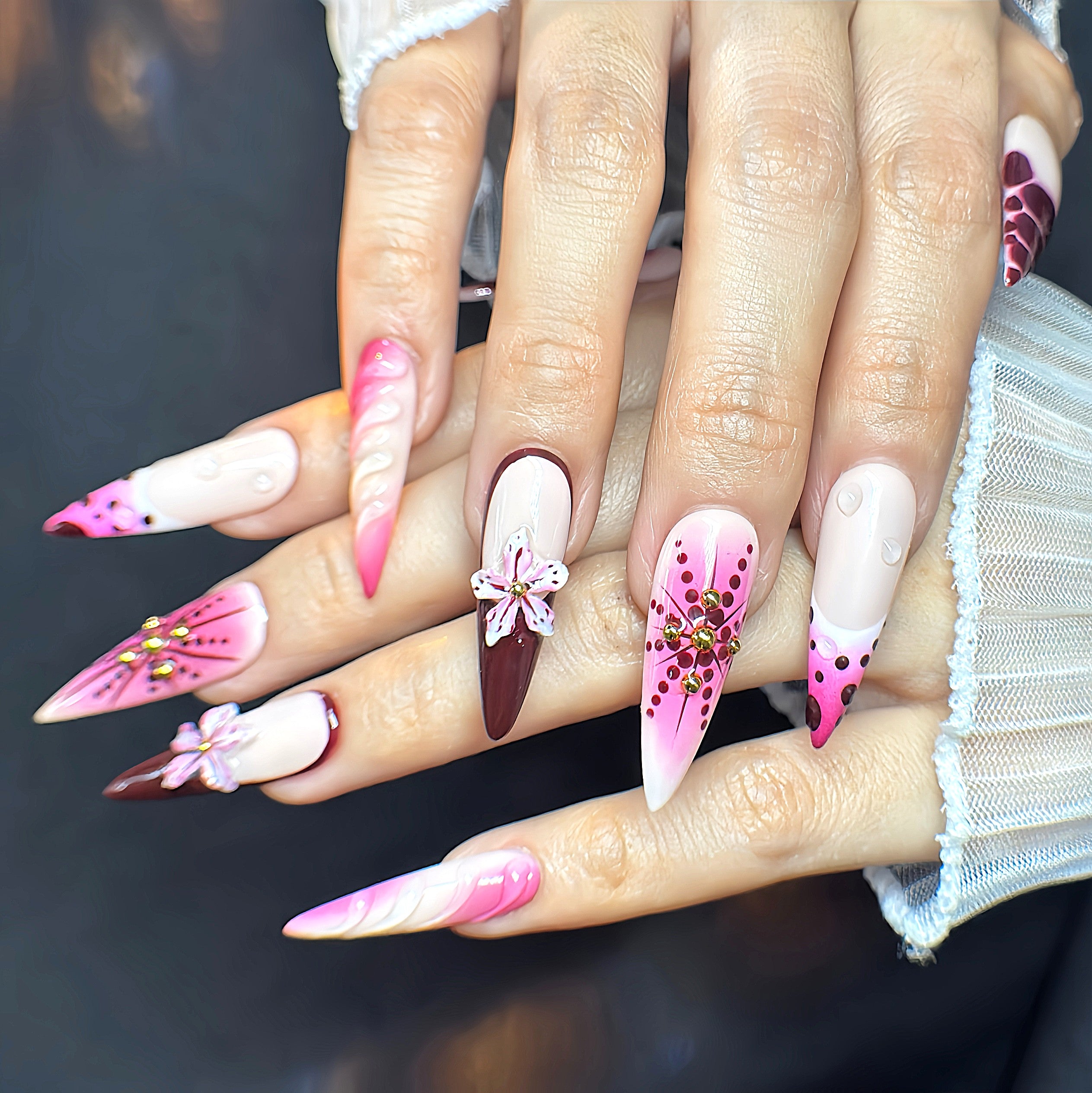 Long Stiletto Hand-Painted Press-On Nails | Luxury Wine Red Ombre with 3D Floral Design | Reusable 20pcs Kit