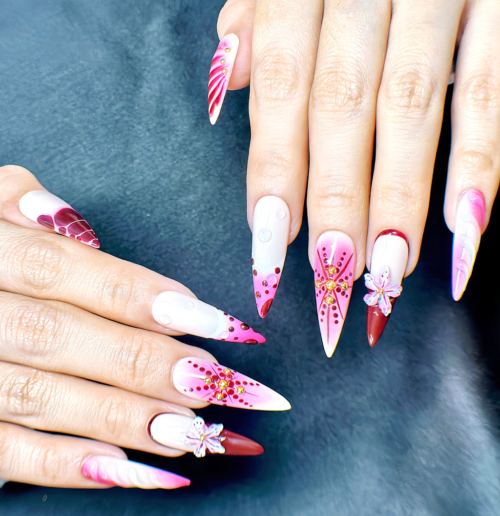 Long Stiletto Hand-Painted Press-On Nails | Luxury Wine Red Ombre with 3D Floral Design | Reusable 20pcs Kit