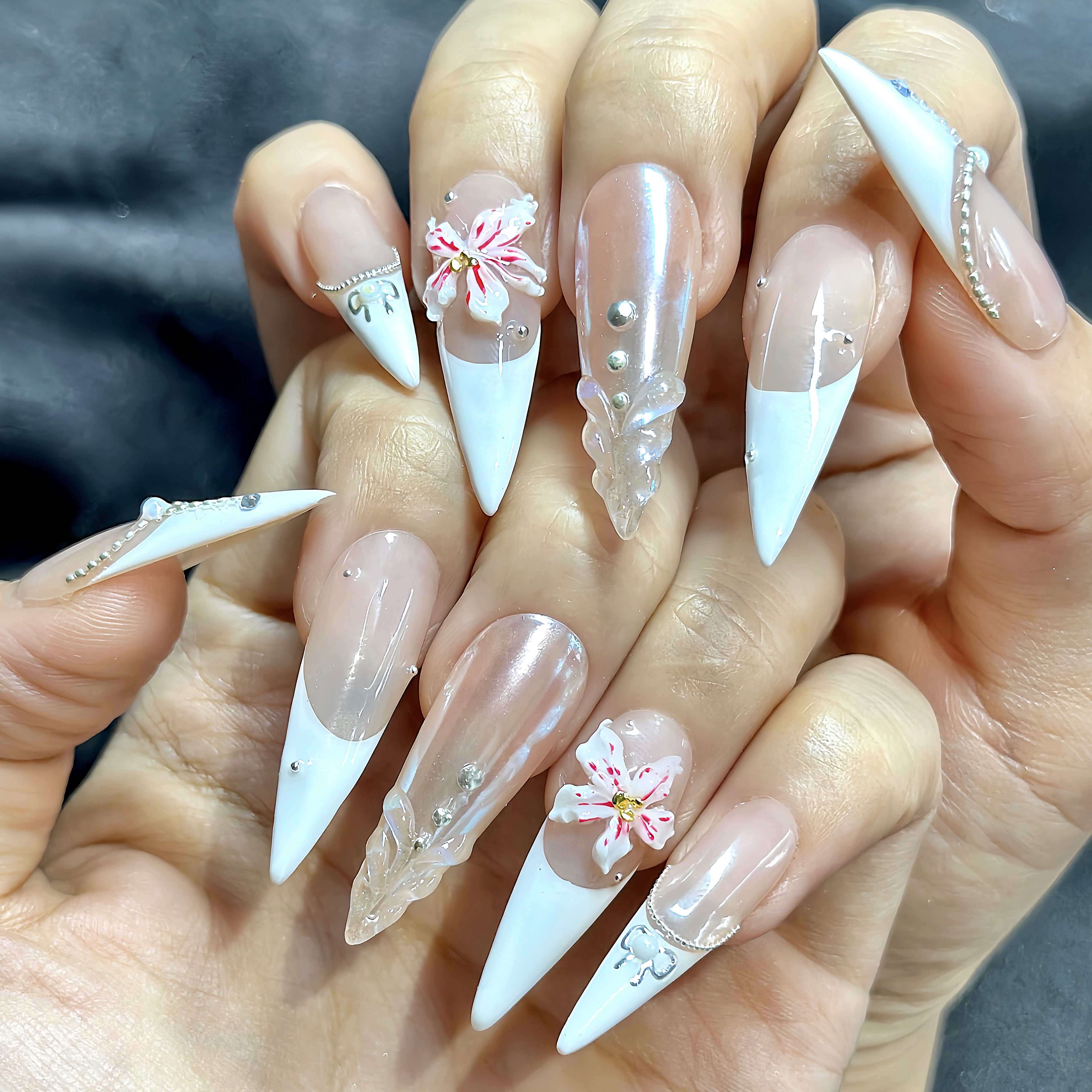 Long Stiletto Hand-Painted Press-On Nails | Luxury 3D Floral Pearl with Rhinestone French Tips | Reusable 20pcs Kit