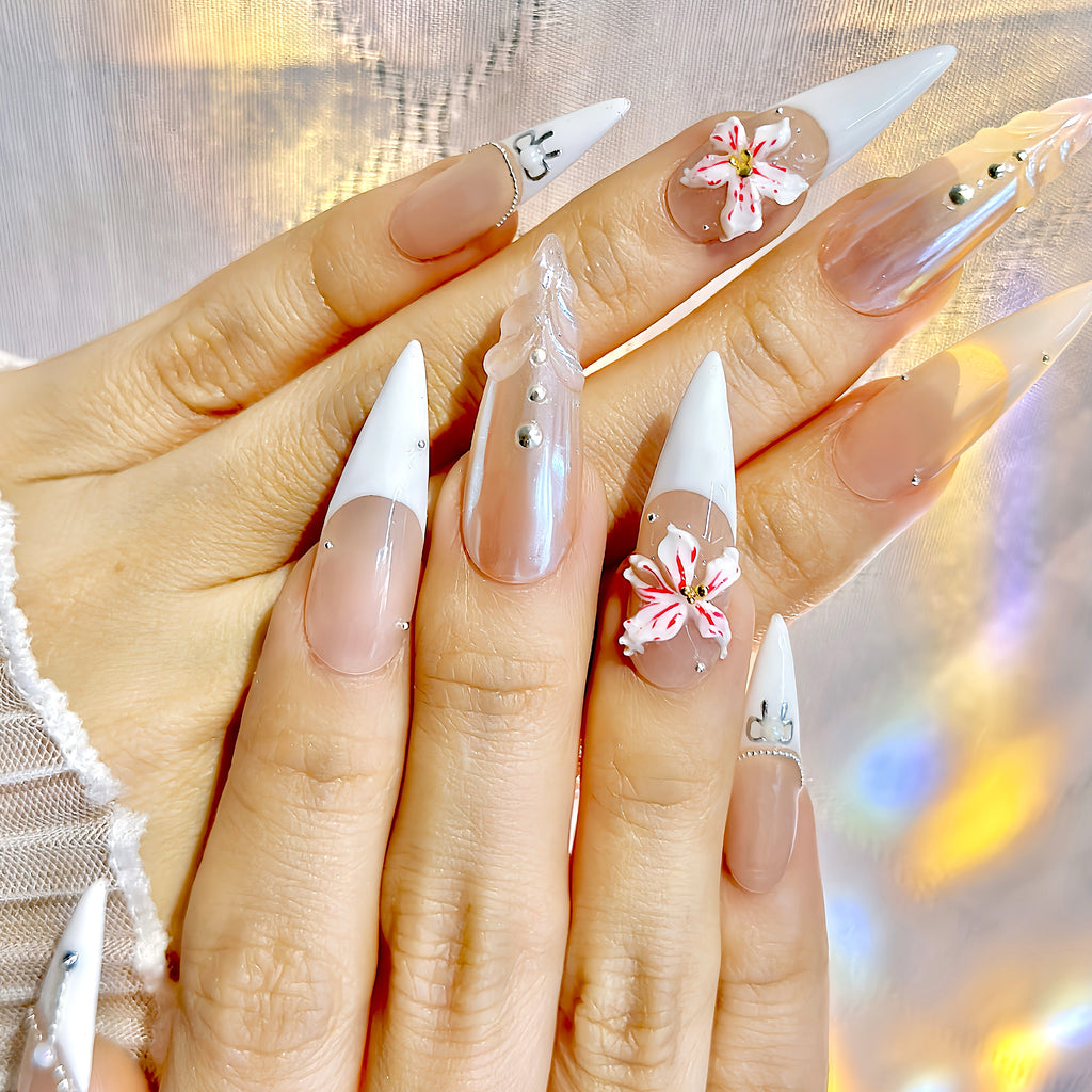 Long Stiletto Hand-Painted Press-On Nails | Luxury 3D Floral Pearl with Rhinestone French Tips | Reusable 20pcs Kit