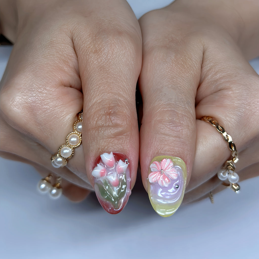 Tulip Dream Garden Press-On Nails – Short Almond Pastel Floral Set, 3D Flower Gel Design,Gradient Cute Nails | Hand-Painted, Reusable 20pcs Kit