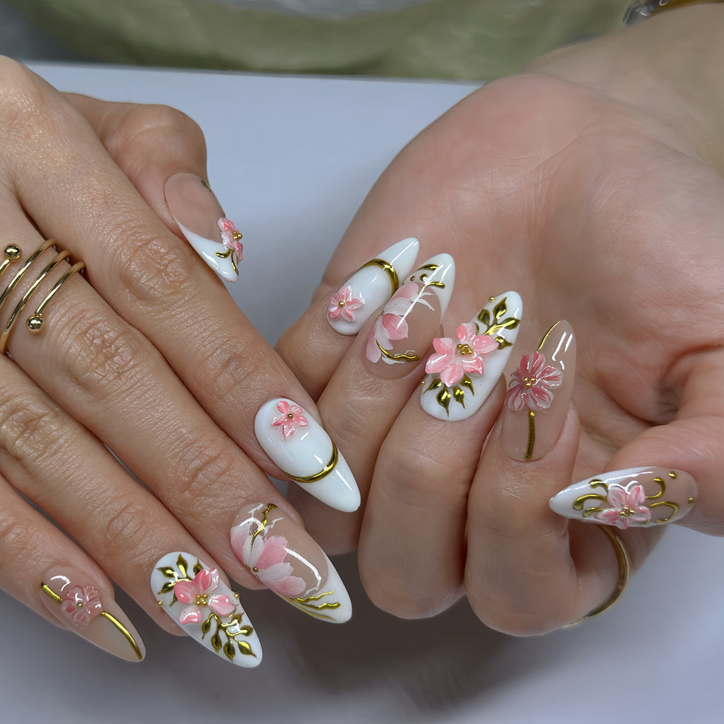 Blush Sakura Veil Press-On Nails –  Almond Nude Pink Set, 3D Cherry Blossom Floral Design, Gold Line Art Elegant Nails| Hand-Painted, Reusable 20pcs Kit