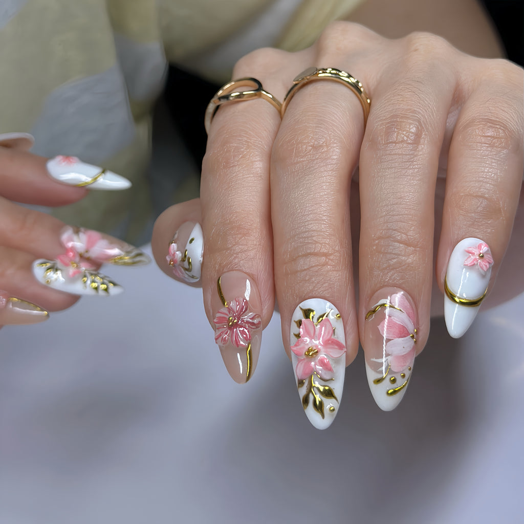 Blush Sakura Veil Press-On Nails –  Almond Nude Pink Set, 3D Cherry Blossom Floral Design, Gold Line Art Elegant Nails| Hand-Painted, Reusable 20pcs Kit