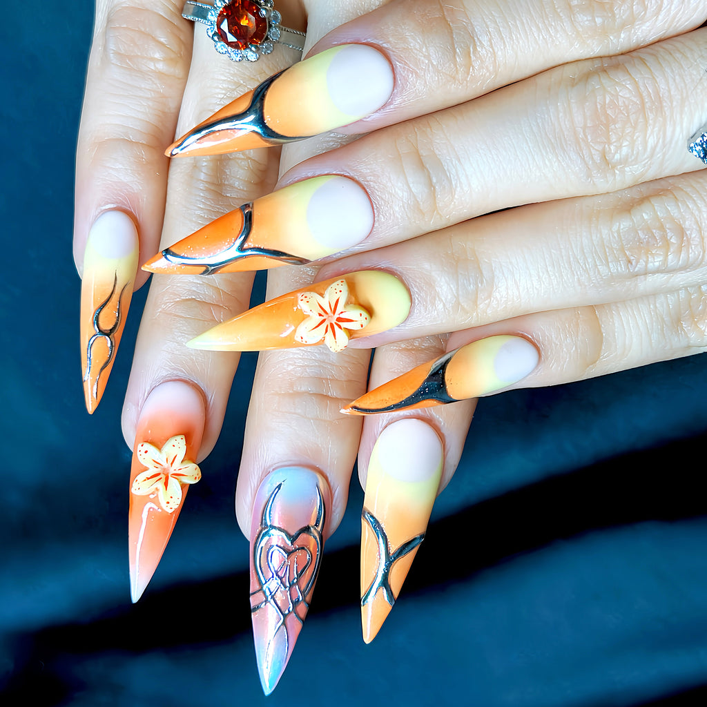 Long Stiletto Hand-Painted Press-On Nails | Luxury Tropical Sunset Ombre with 3D Floral Design | Reusable 20pcs Kit