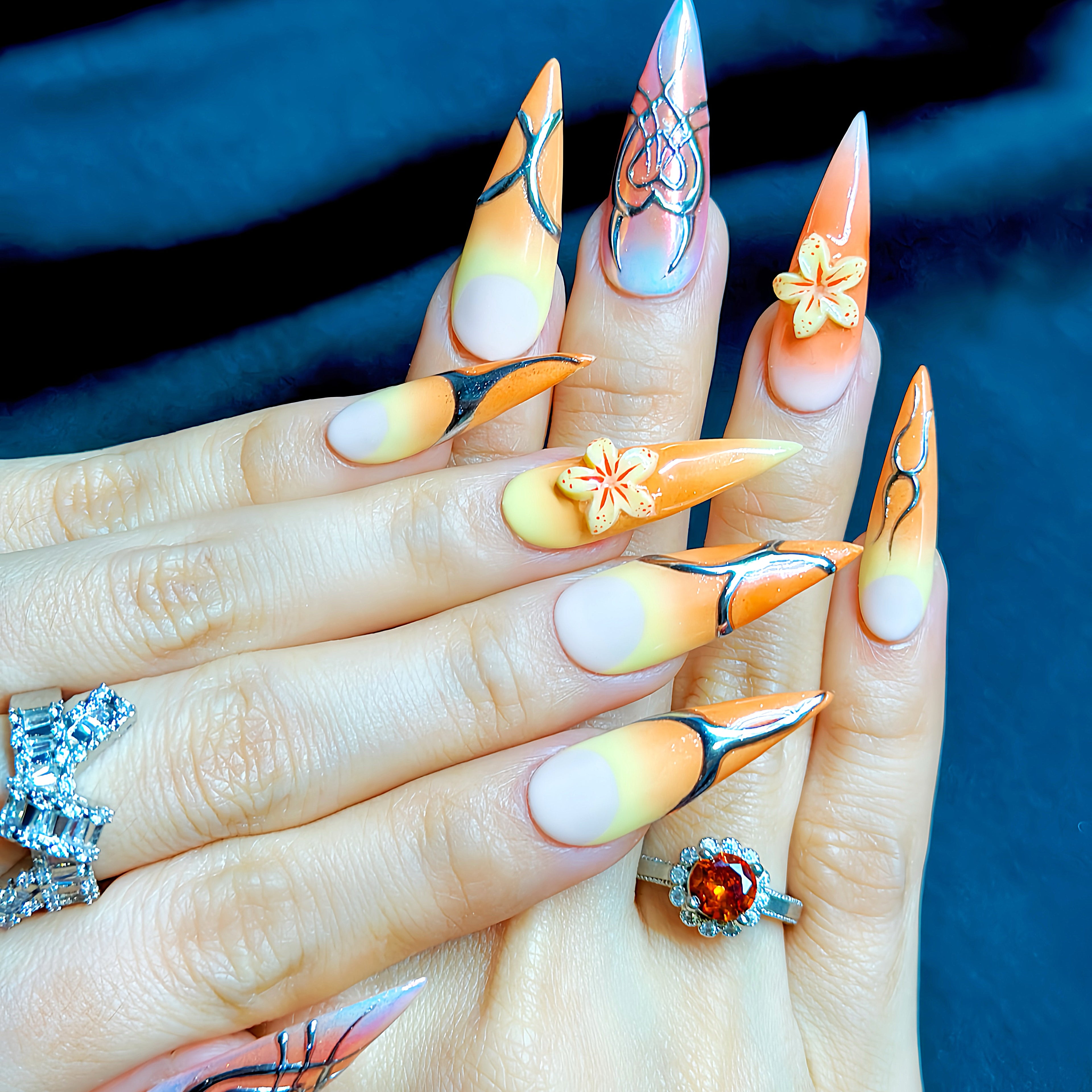 Long Stiletto Hand-Painted Press-On Nails | Luxury Tropical Sunset Ombre with 3D Floral Design | Reusable 20pcs Kit