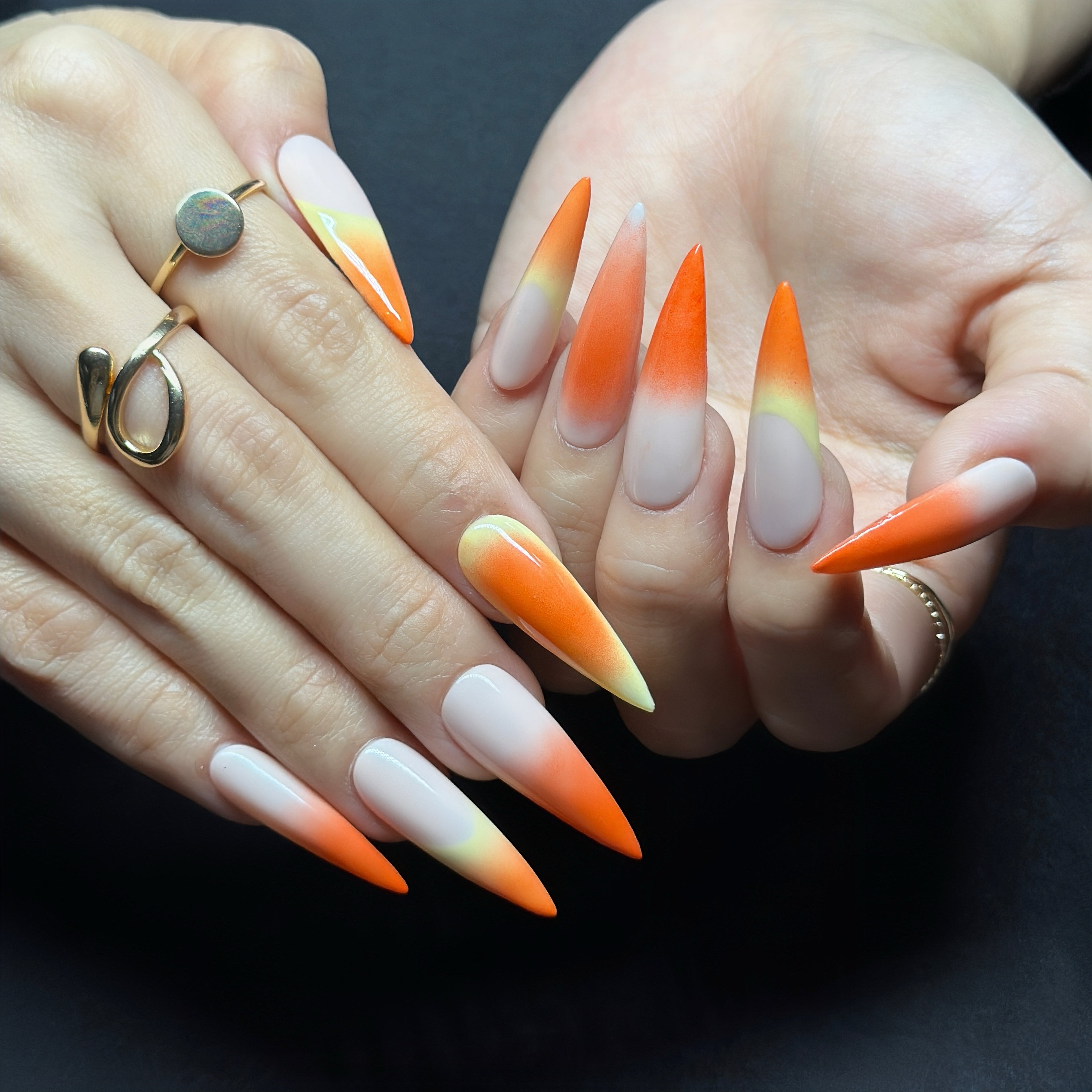 Long Stiletto Hand-Painted Press-On Nails | Luxury Tropical Sunset Ombre with 3D Floral Design | Reusable 20pcs Kit