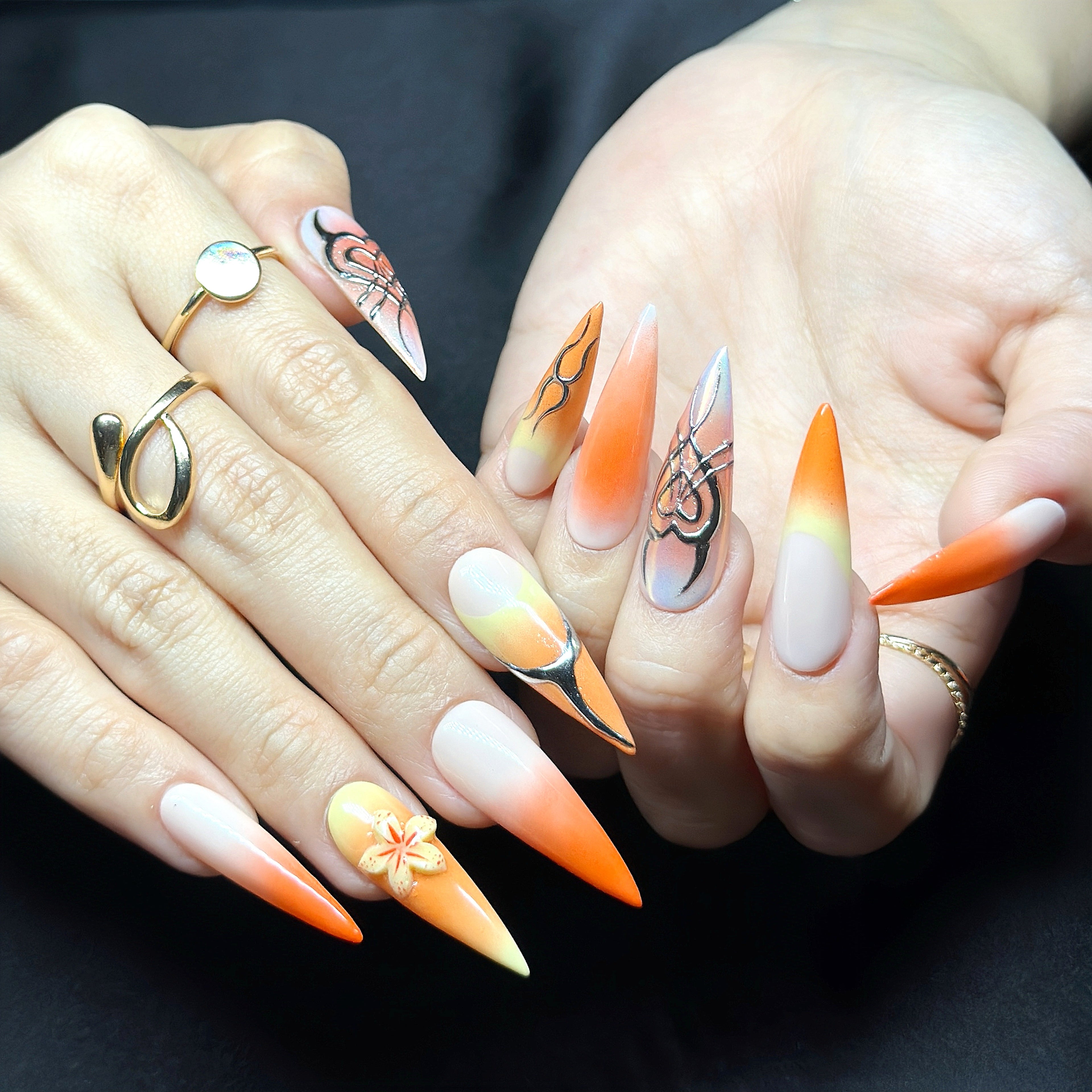 Long Stiletto Hand-Painted Press-On Nails | Luxury Tropical Sunset Ombre with 3D Floral Design | Reusable 20pcs Kit