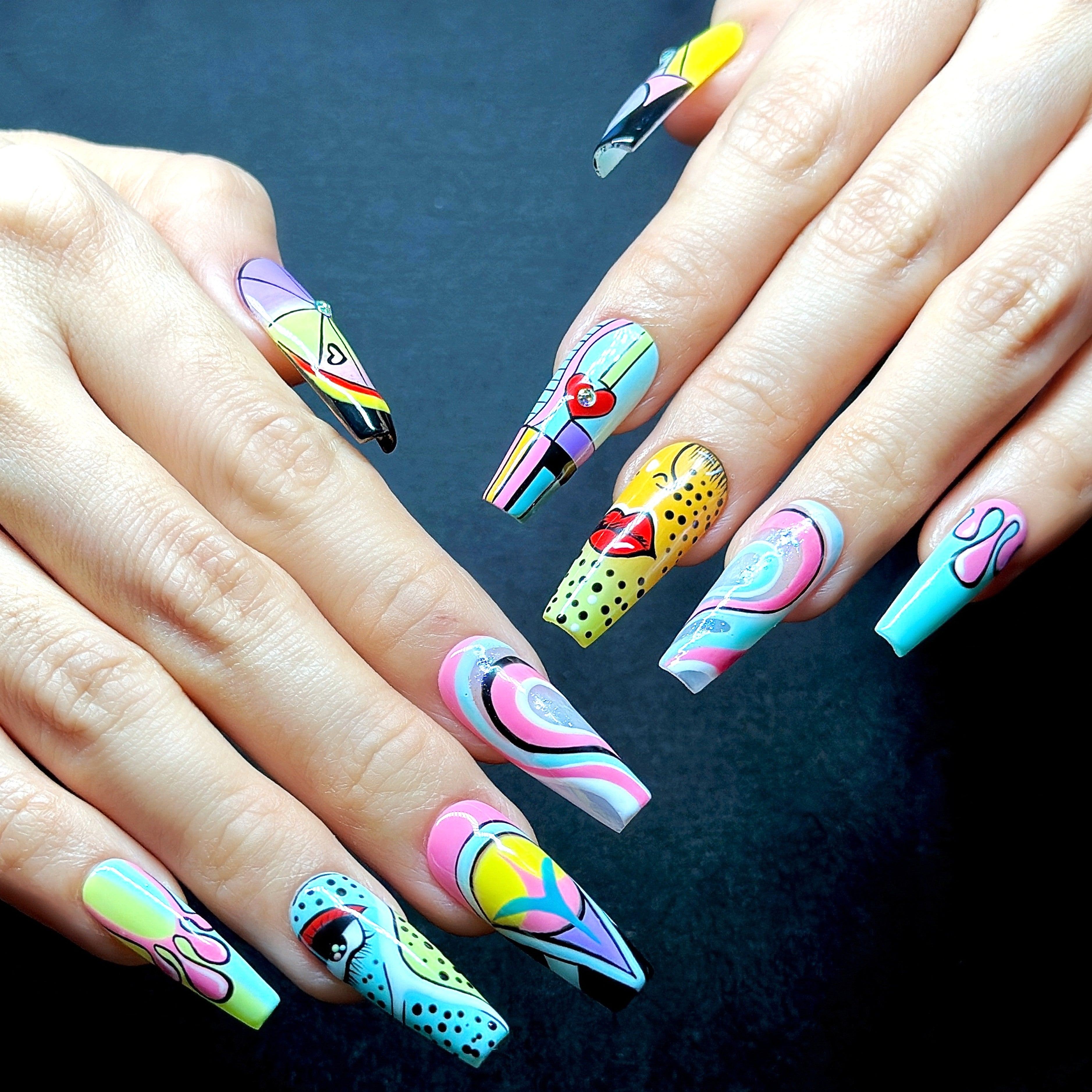 Long Coffin Hand-Painted Press-On Nails | Luxury Pastel Pop-Art Design | Reusable 20pcs Kit