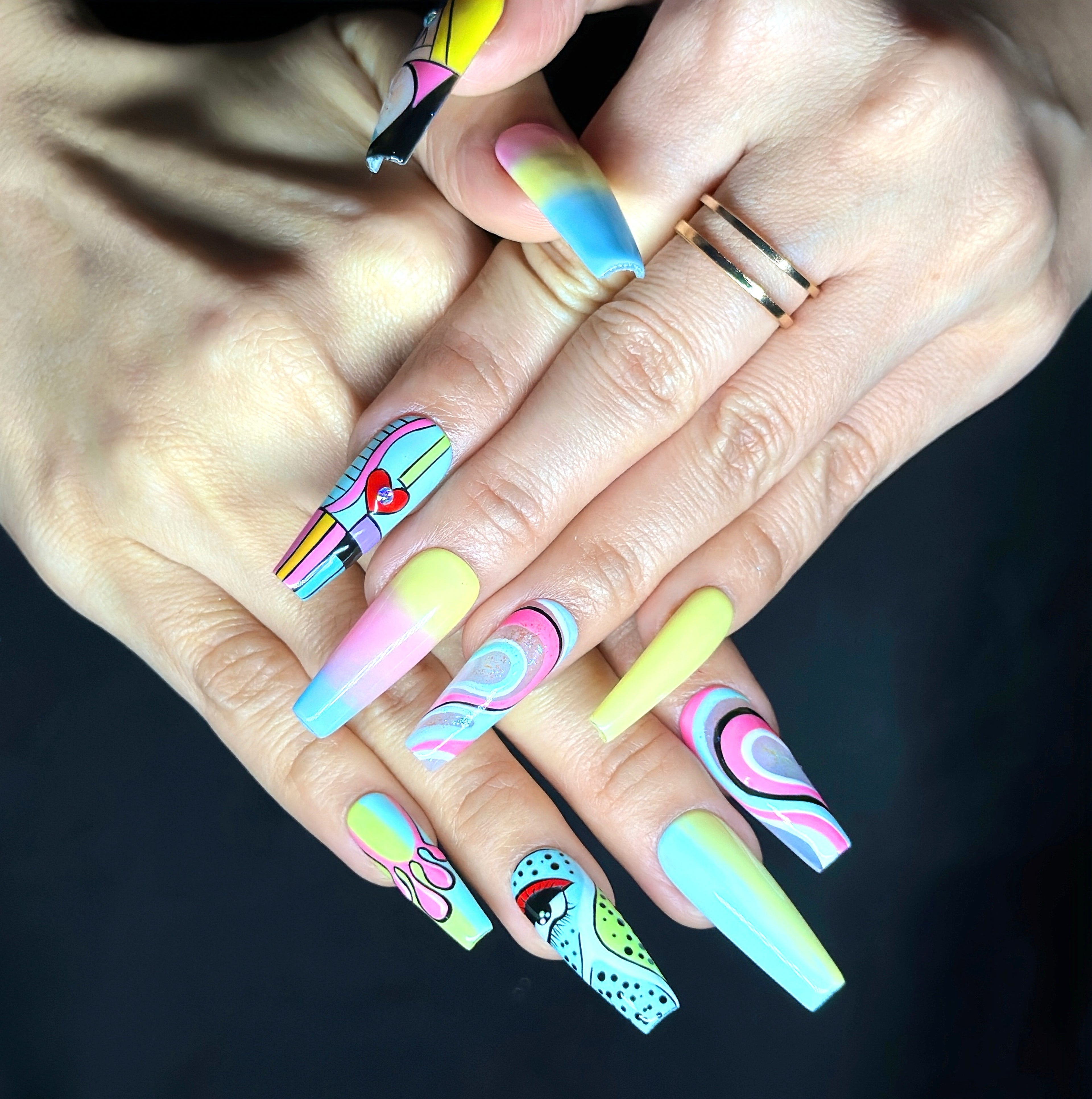 Long Coffin Hand-Painted Press-On Nails | Luxury Pastel Pop-Art Design | Reusable 20pcs Kit