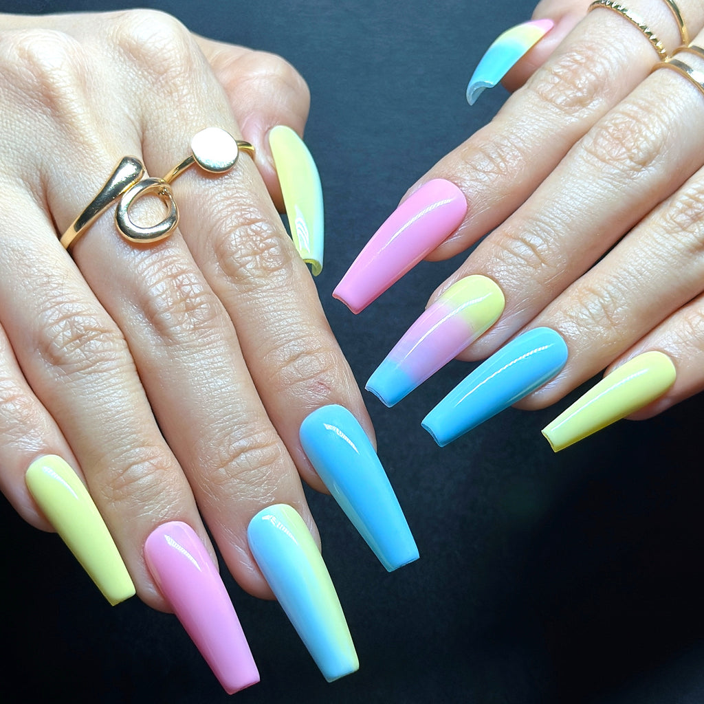 Long Coffin Hand-Painted Press-On Nails | Luxury Pastel Pop-Art Design | Reusable 20pcs Kit