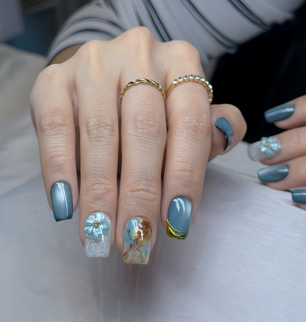 Teal Blossom Veil Press-On Nails – Short Square | Teal Chrome, Marble Accent & 3D Flower Design | Hand-Painted Gel Reusable Set, 30 Nails, 15 Sizes